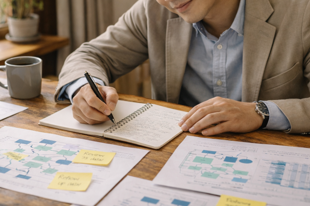A man in a light-colored suit and blue shirt writing in a spiral notebook at a wooden desk, surrounded by papers with flowcharts, sticky notes, a coffee mug, and a potted plant in the background.