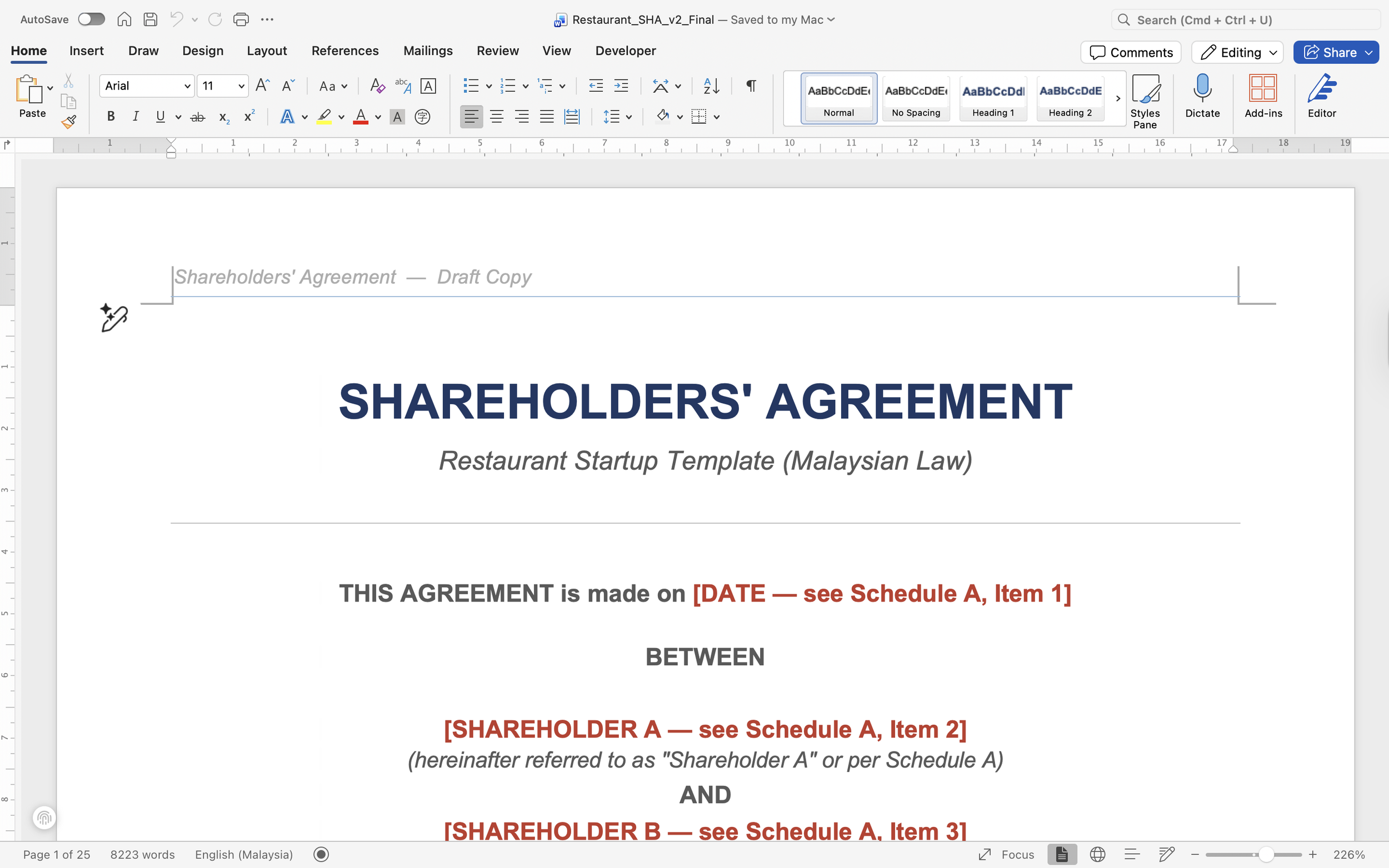 Restaurant shareholders' agreement template cover page showing title, Malaysian law designation, and red placeholder fields for shareholder details