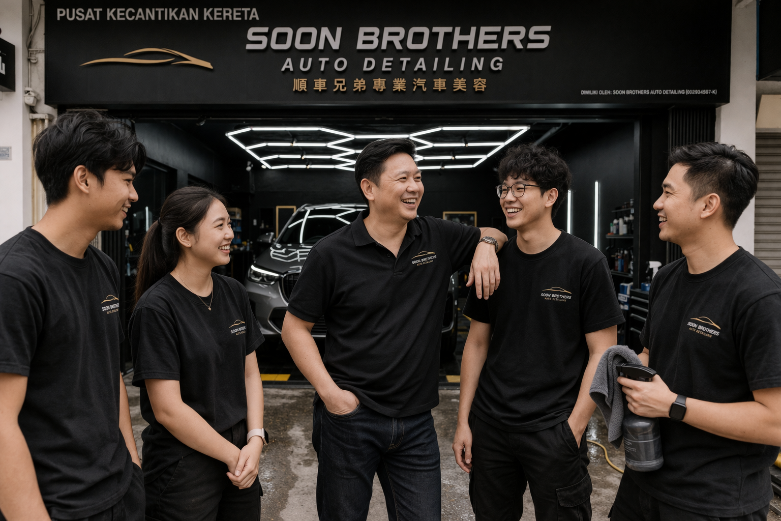 Group of five smiling auto detailers in black uniforms standing outside auto detailing shop named "Soon Brothers Auto Detailing," with a vehicle in the background.