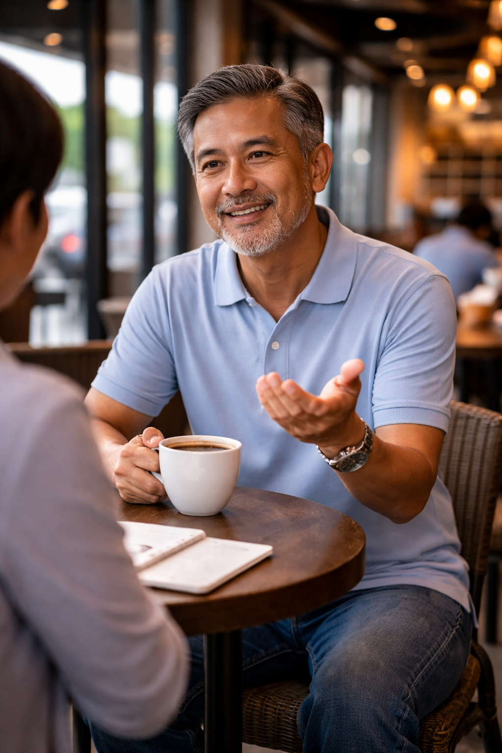 A middle-aged man with gray hair and beard, wearing a light blue polo shirt, is sitting at a table in a coffee shop, holding a cup of coffee and engaging in conversation with a woman whose back is to the camera.