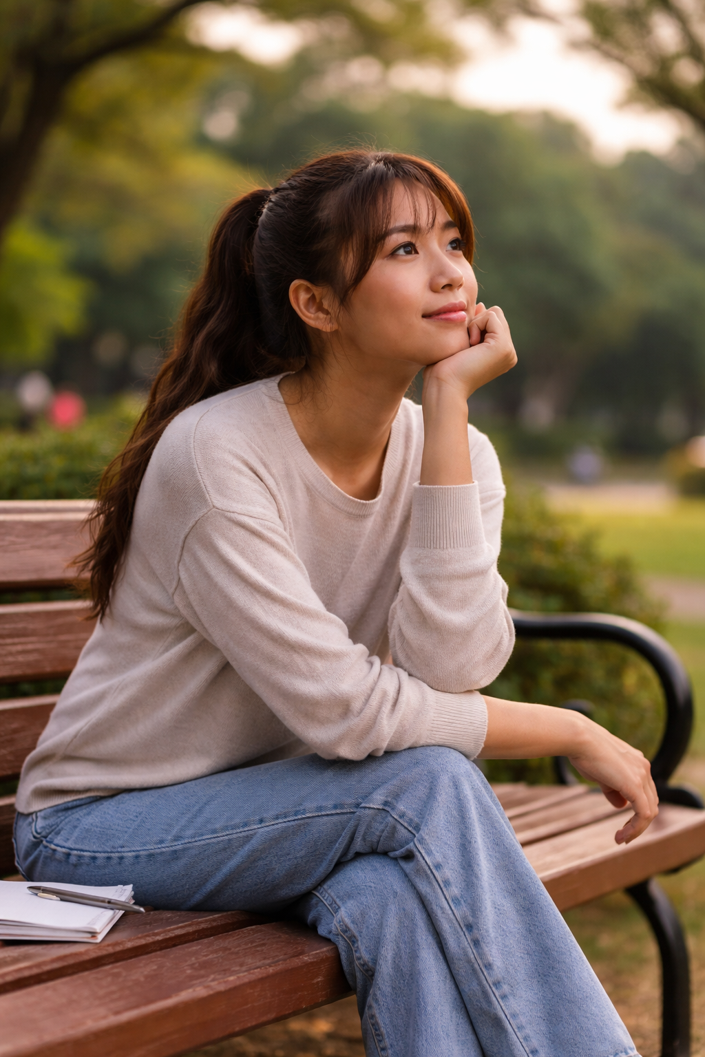 A young woman with long brown hair tied in a ponytail, wearing a beige sweater and blue jeans, sitting on a park bench, gazing thoughtfully into the distance during sunset.