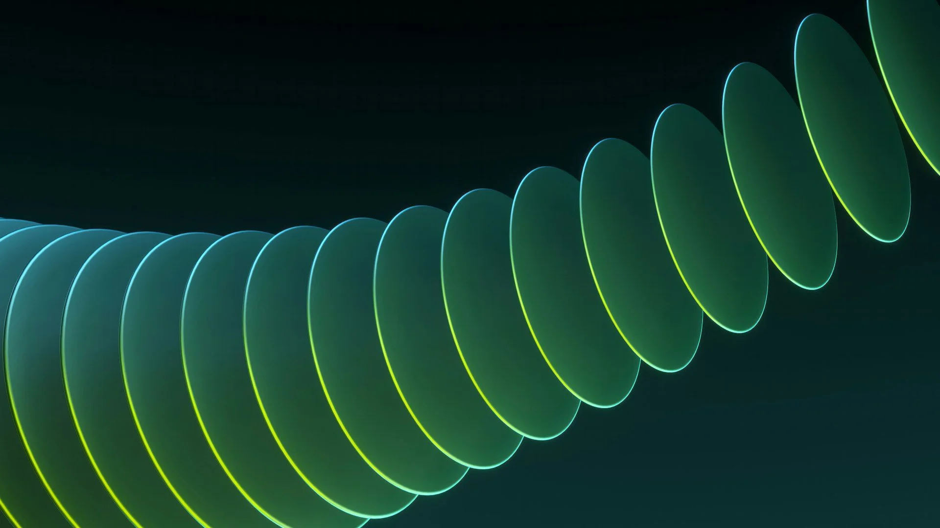 Abstract digital artwork with a spiral of glowing, semi-transparent green and blue discs against a dark background.