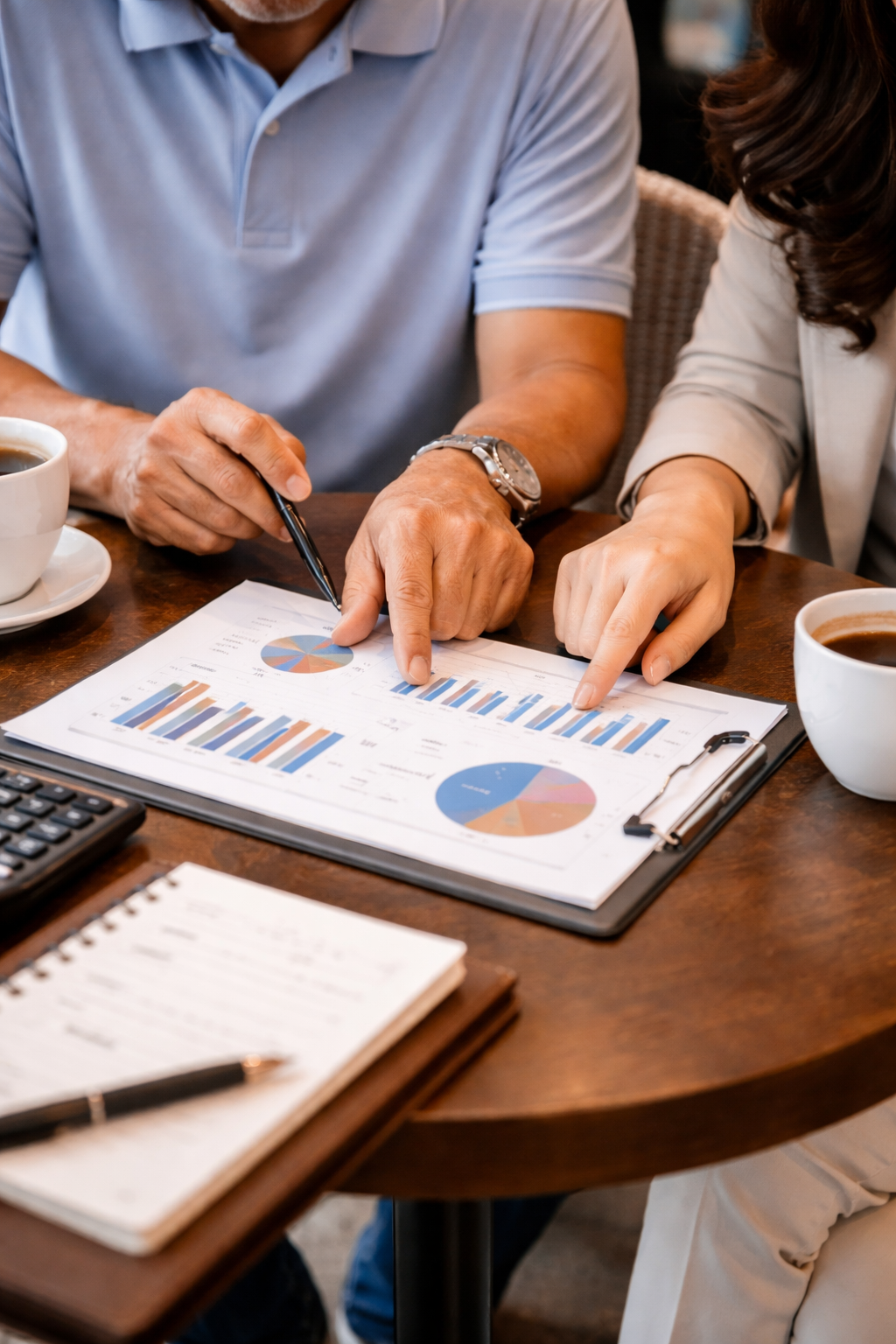 Two people reviewing financial charts and graphs on printed reports at a table.