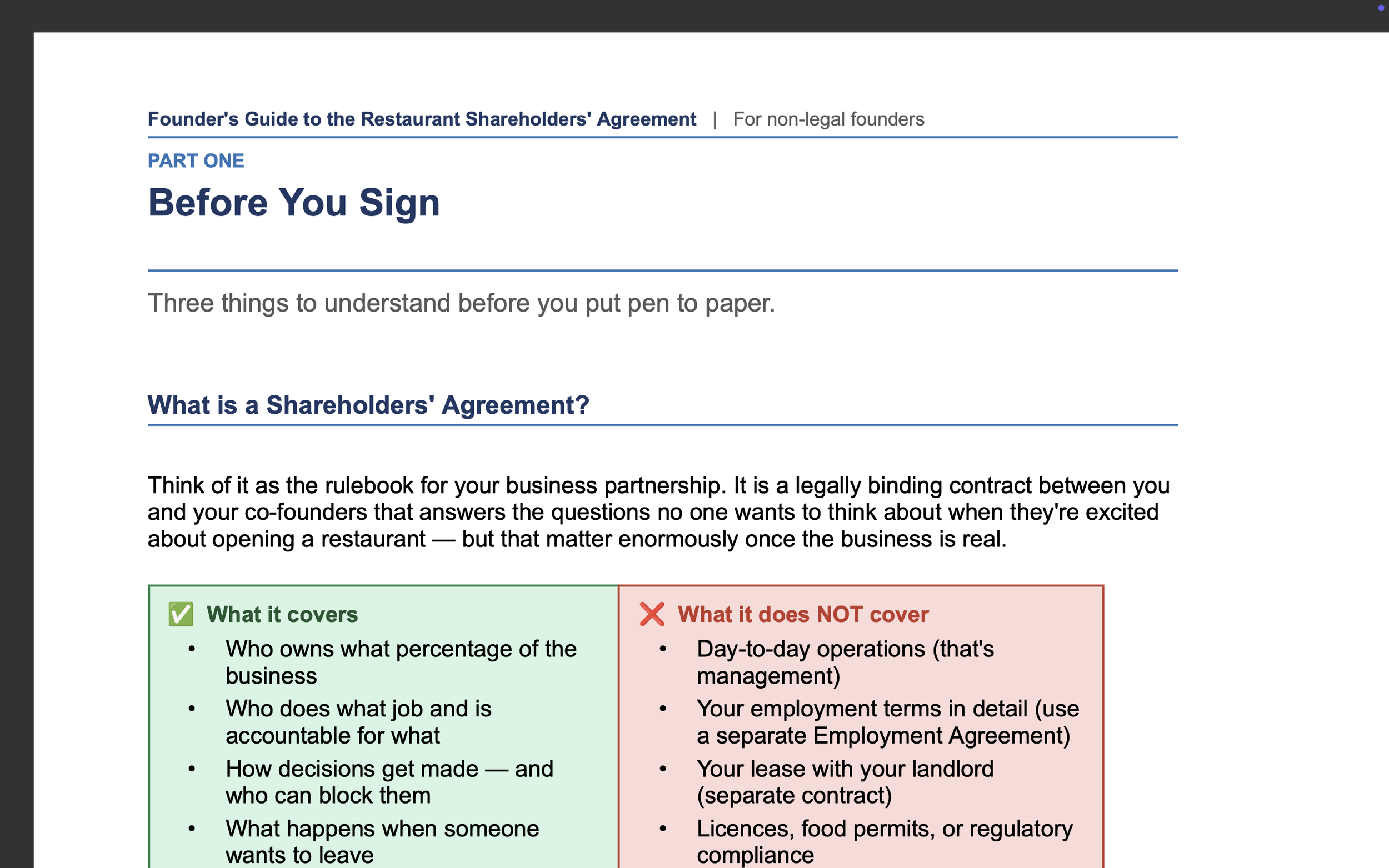 Founder's Guide Part One showing 'Before You Sign' chapter header with 'What is a Shareholders' Agreement' section and green and red two-column comparison table