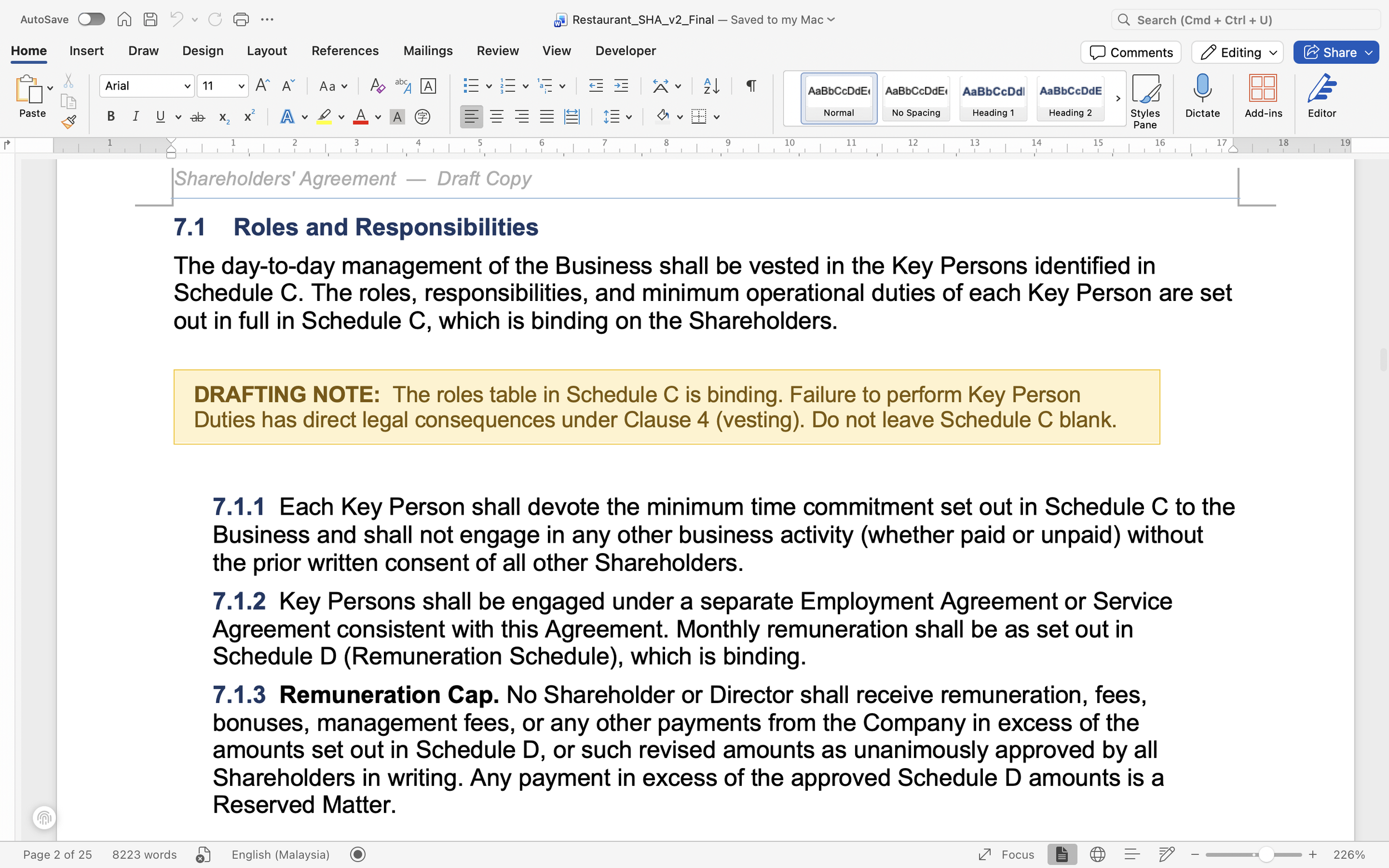 Restaurant shareholders' agreement template showing Clause 7.1 Roles and Responsibilities with amber drafting note callout box and remuneration cap provision