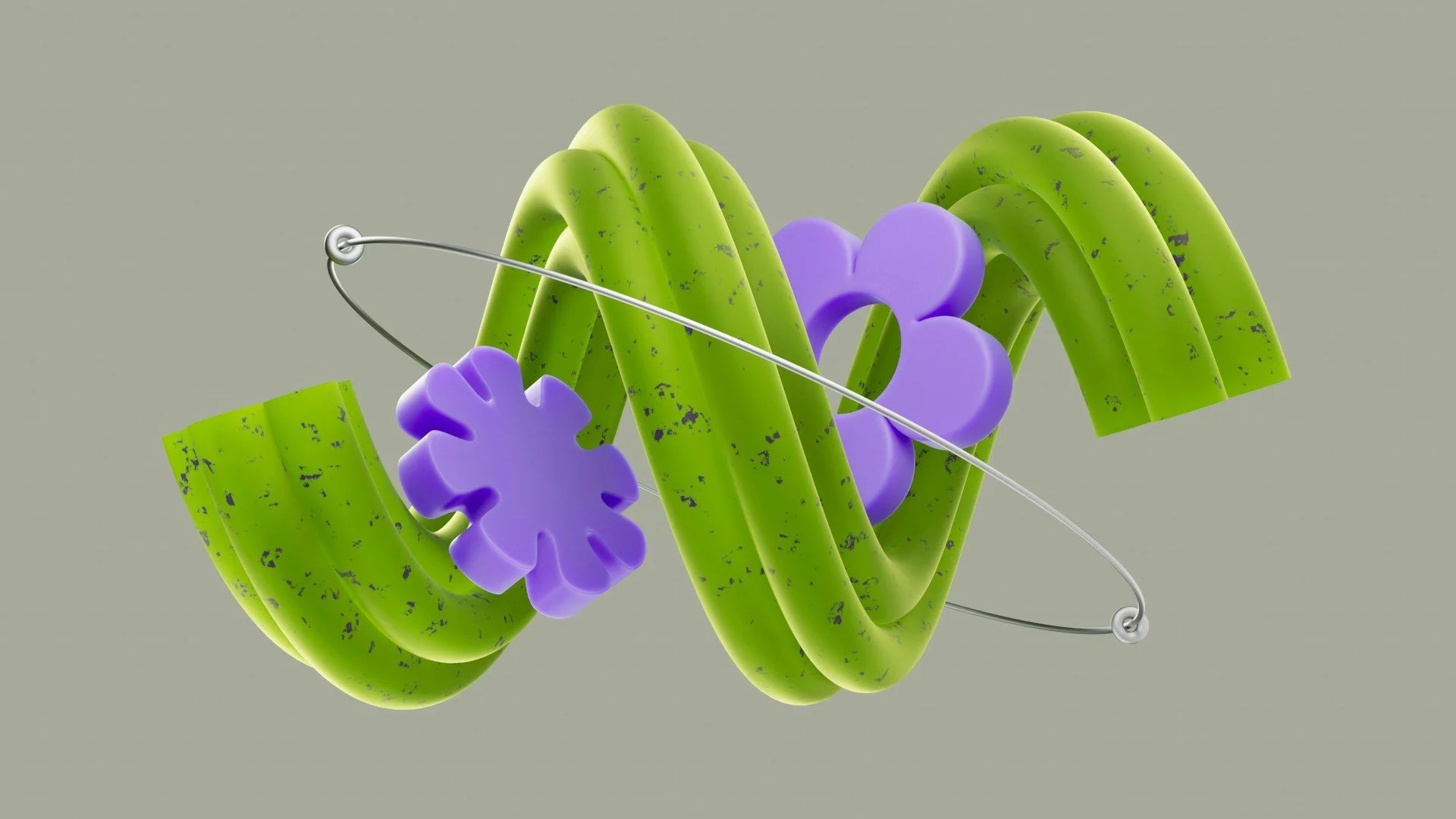 Abstract 3D illustration of a purple atom with green orbitals and a silver electron orbit line set against a plain gray background.