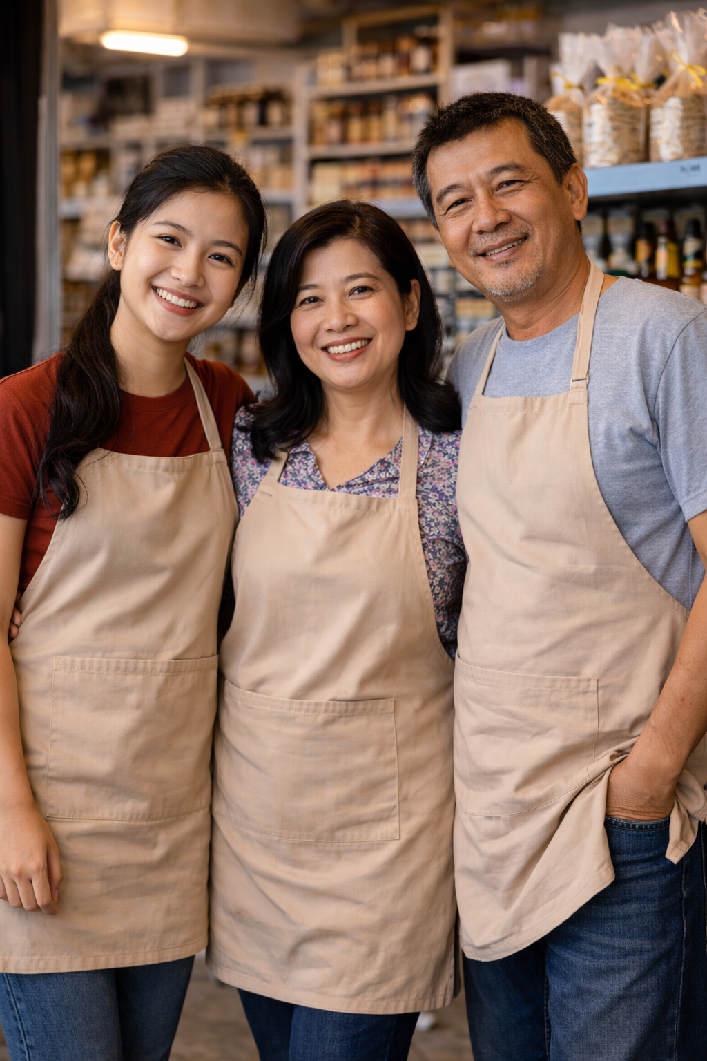 Three smiling people, two women and one man, wearing aprons inside a shop or bakery, standing close together.