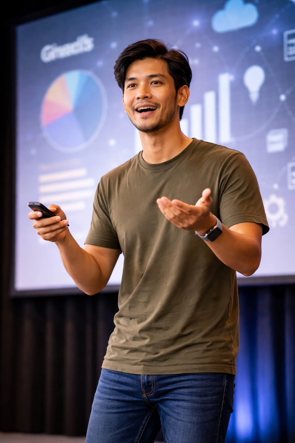 A young man giving a presentation, holding a phone in one hand and gesturing with the other, with a large screen displaying charts and graphs behind him.