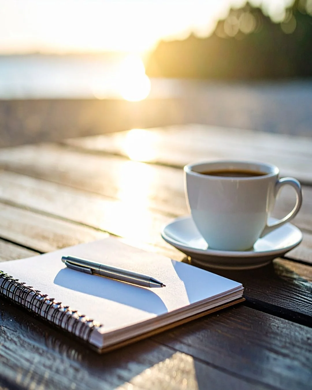 A white mug of coffee on a saucer, a spiral-bound notepad, and a pen on a wooden table outdoors during sunrise or sunset with blurred background.