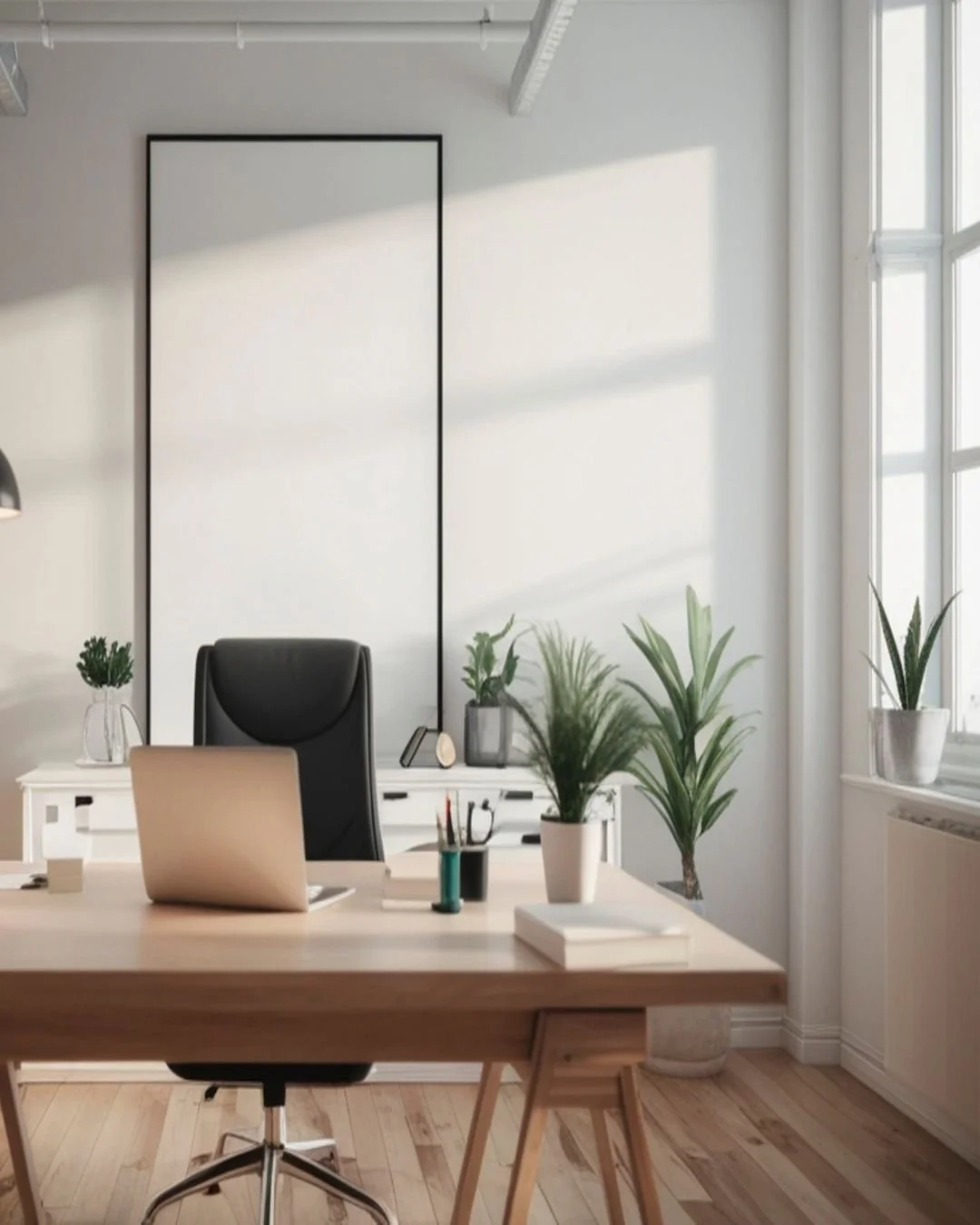 Modern office space with a white desk, black office chair, potted plants, books, and a whiteboard on the wall, illuminated by natural light from large windows.