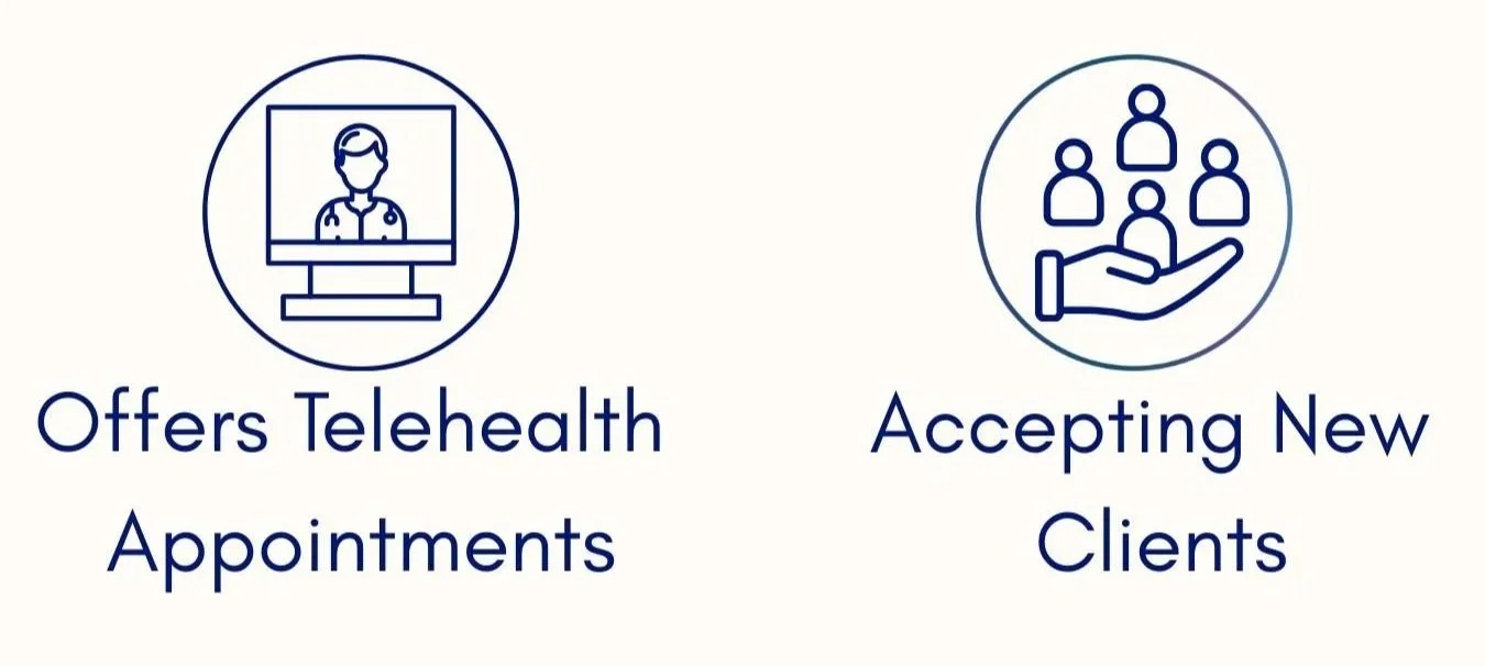 Two icons with accompanying text. The first icon shows a person on a computer screen, representing telehealth, with the text "Offers Telehealth Appointments." The second icon depicts a hand holding four people, symbolizing accepting clients, with the text "Accepting New Clients."