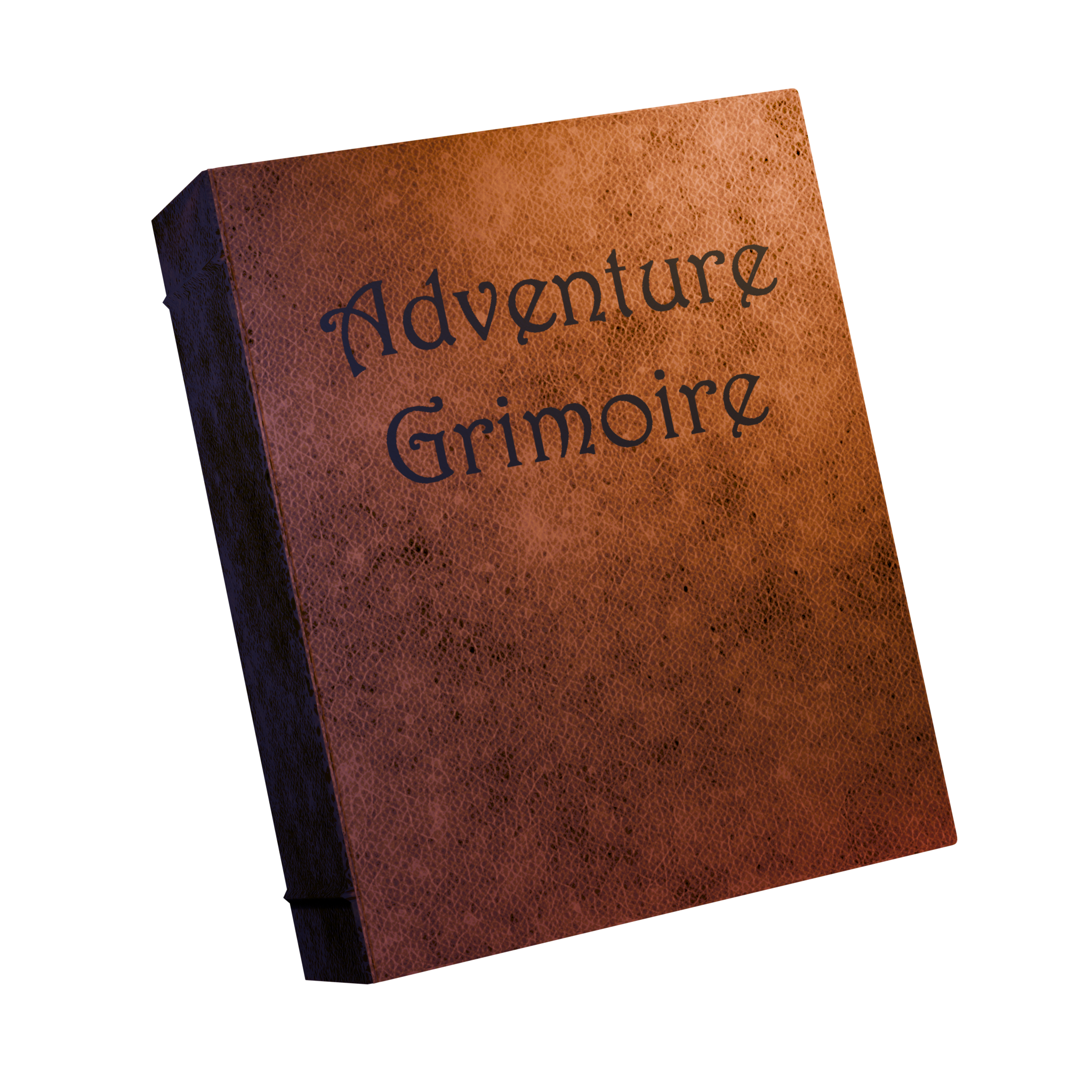 Close-up of a textured orange-brown rectangular object with the words 'Adventure' and 'Grimoire' written in dark font on it.