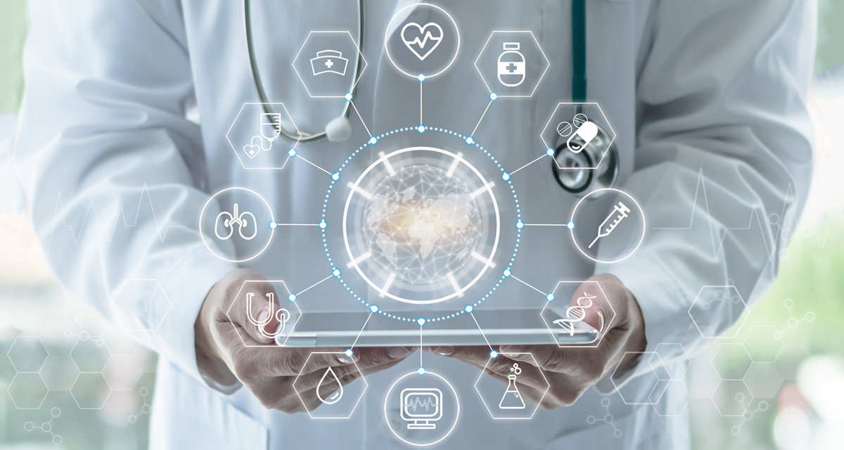 Doctor holding a tablet with digital health icons surrounding it, including a heart, lungs, syringe, pills, DNA, and medical equipment, representing healthcare technology.