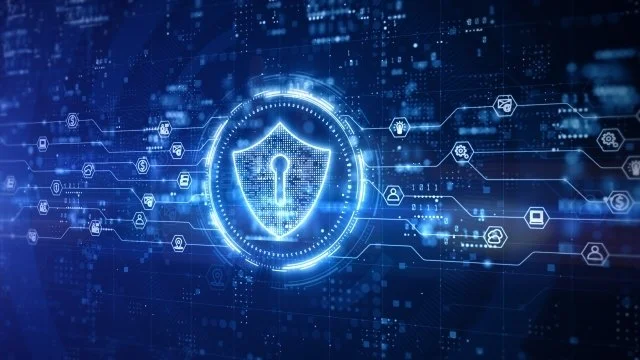 Digital security illustration with shield icon and interconnected digital icons