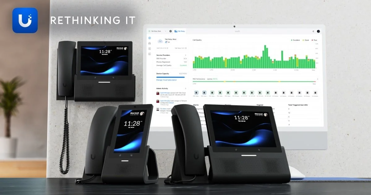 Three modern black desk phones with digital screens displaying the time 11:28, placed on a desk in front of a computer monitor showing a graph and data analytics, in an office setting