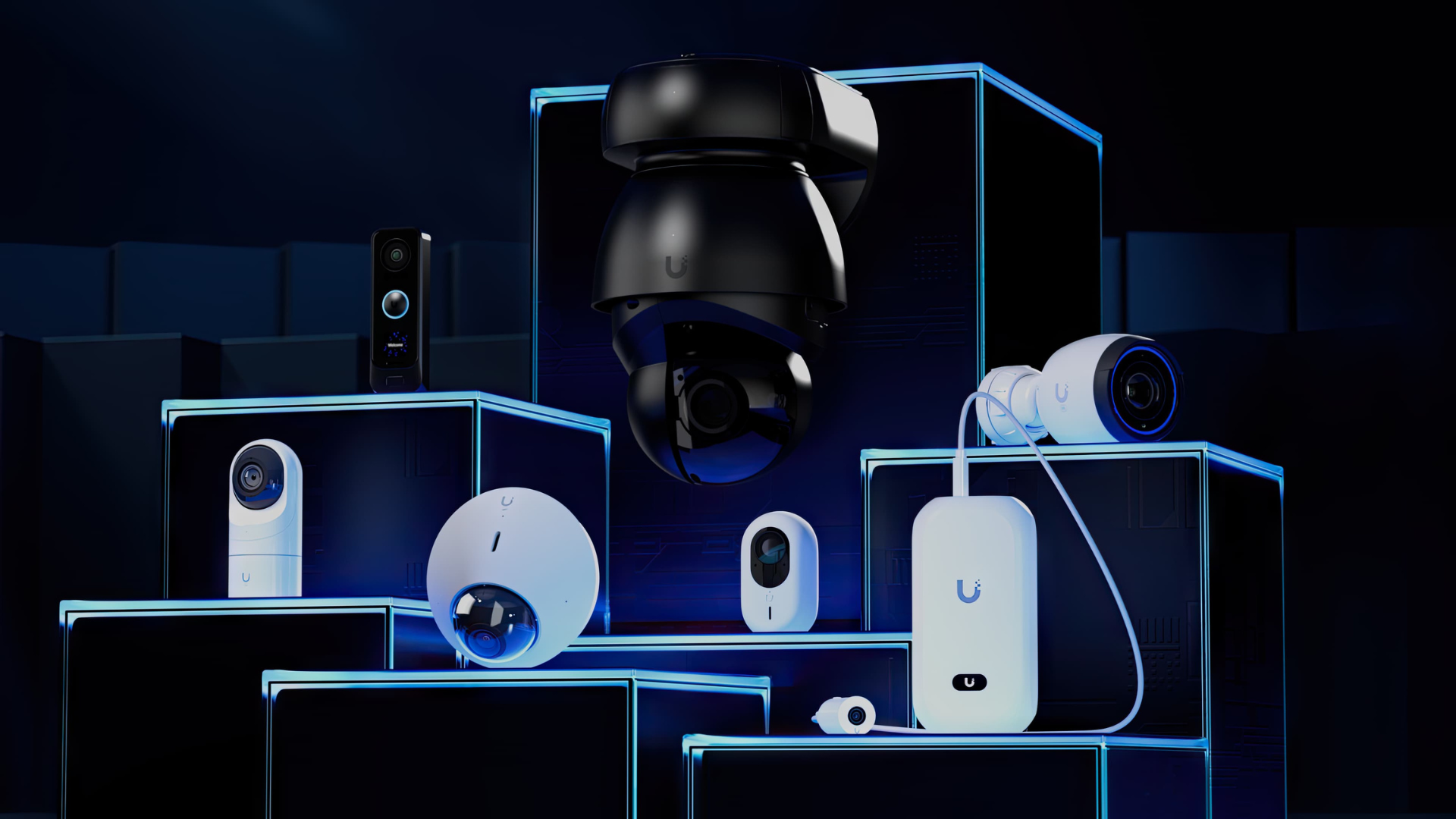 A display of various modern security and surveillance cameras, including dome cameras, bullet cameras, and doorbell cameras, arranged on illuminated black and blue platforms against a dark background.