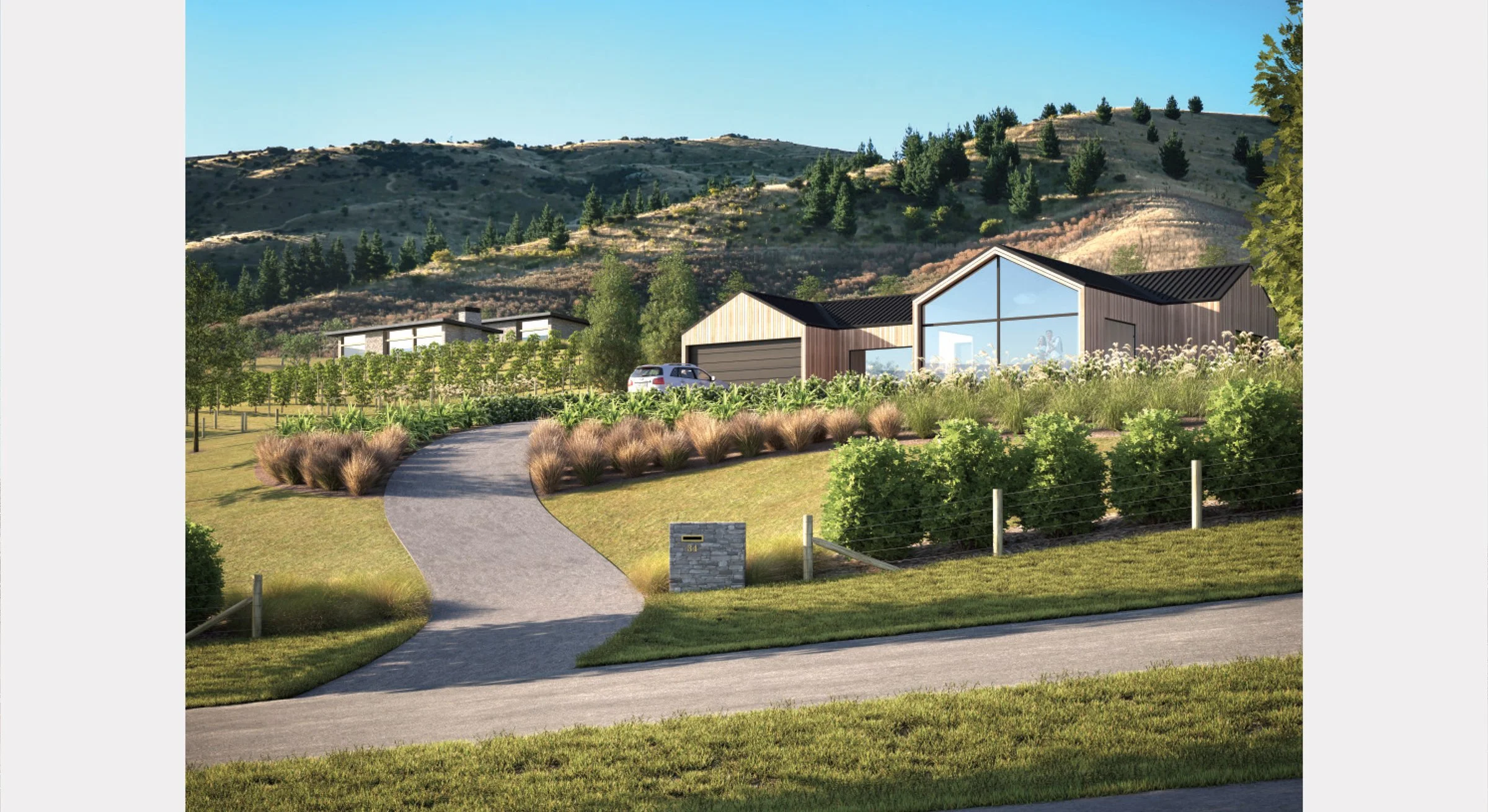 Shannon Farm - Mockup of modern house with large glass windows and black roof, situated on a landscaped property with a winding pathway, surrounding greenery, and mountains in the background under a clear blue sky.