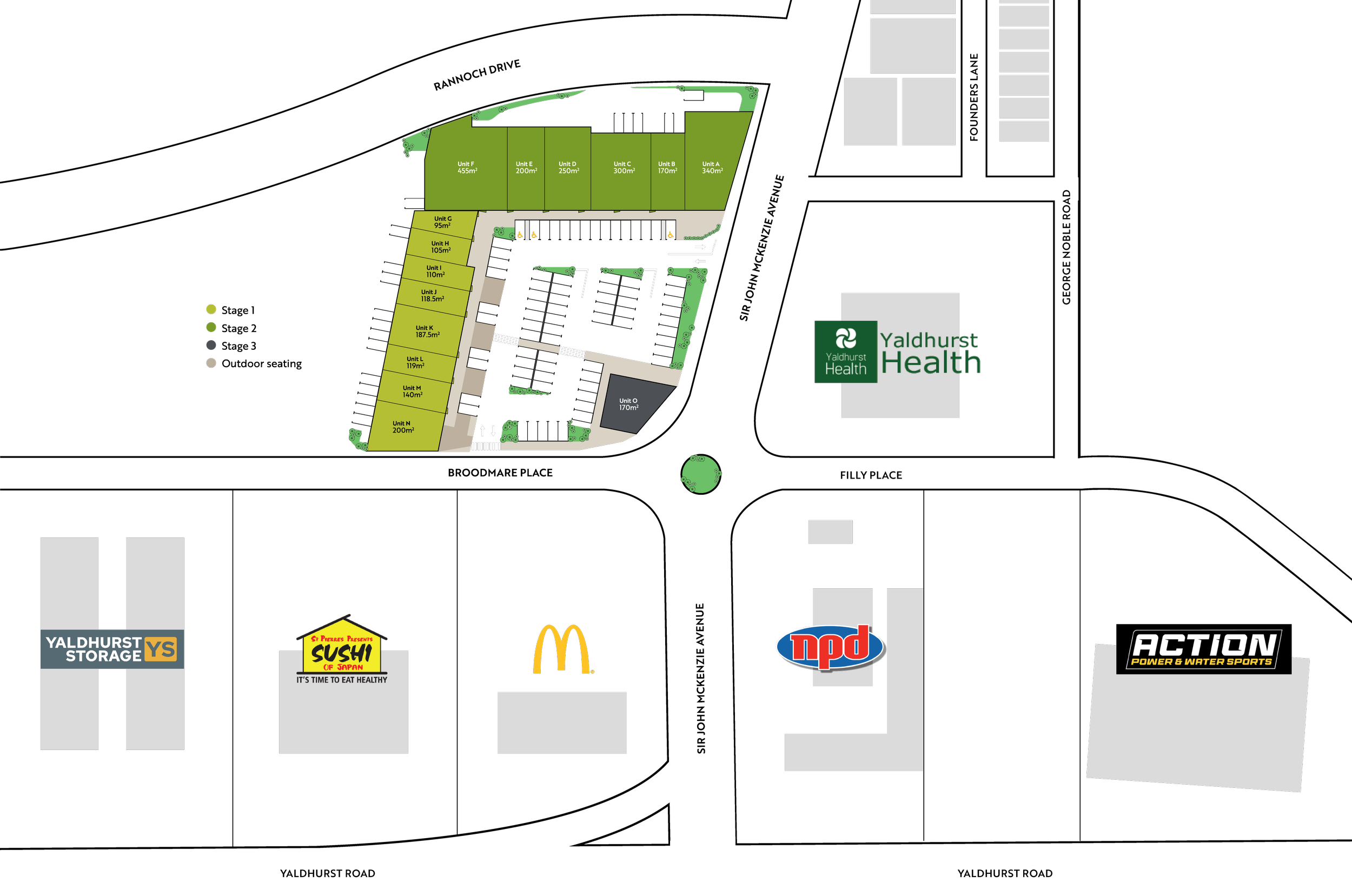 A detailed site plan of a commercial development showing building units, parking areas, streets, and surrounding roads. Labeled streets include Sir John McKenzie Avenue, Broodmare Place, Fillly Place, and Yaldhurst Road. Retail and service businesses such as McDonald's, McDonald's, and Yaldhurst Health are marked.