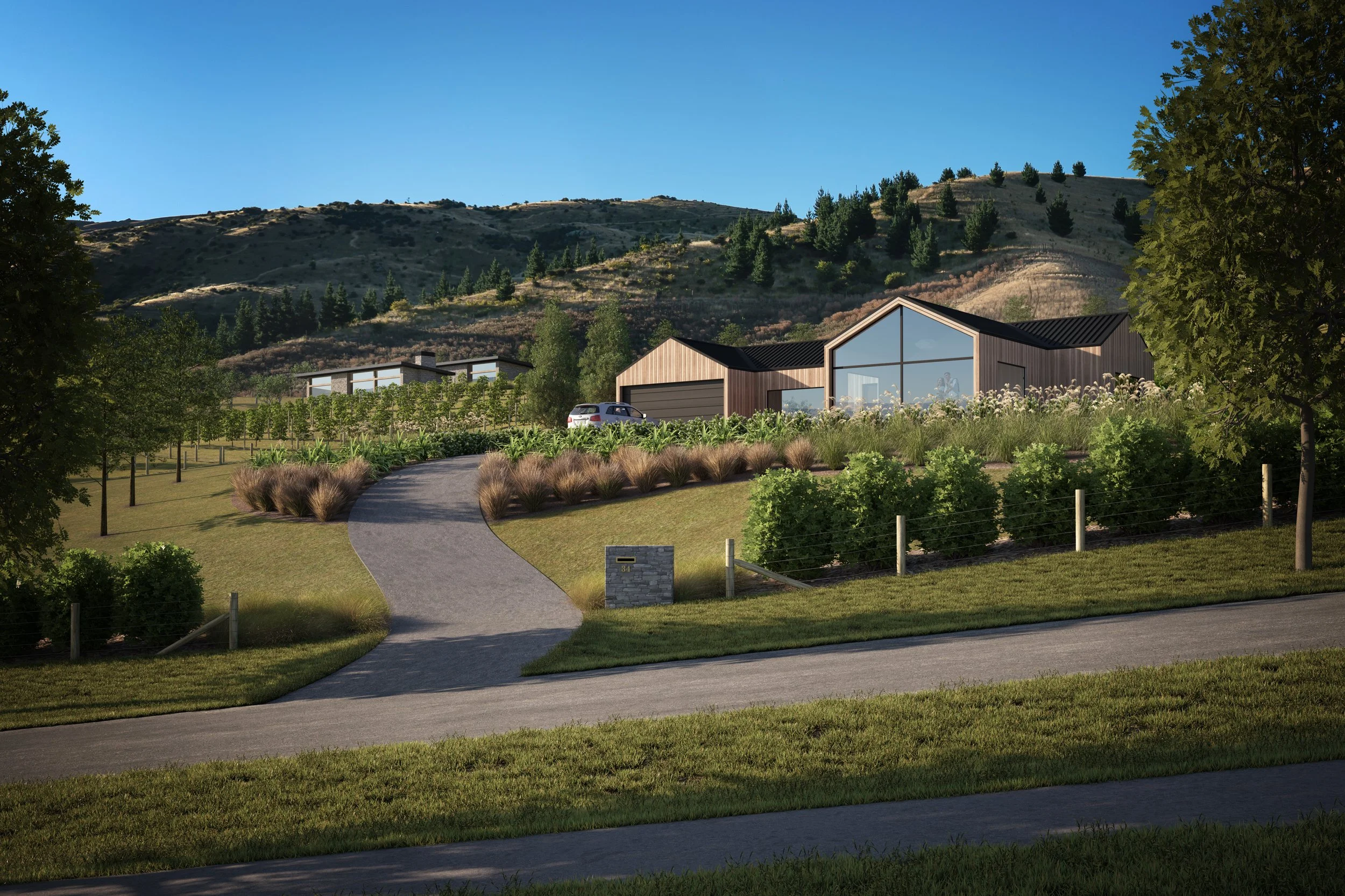 Shannon Farm - Mockup of modern house with large glass windows on a hilltop, surrounded by trees and greenery, with mountains in the background, under a clear blue sky.