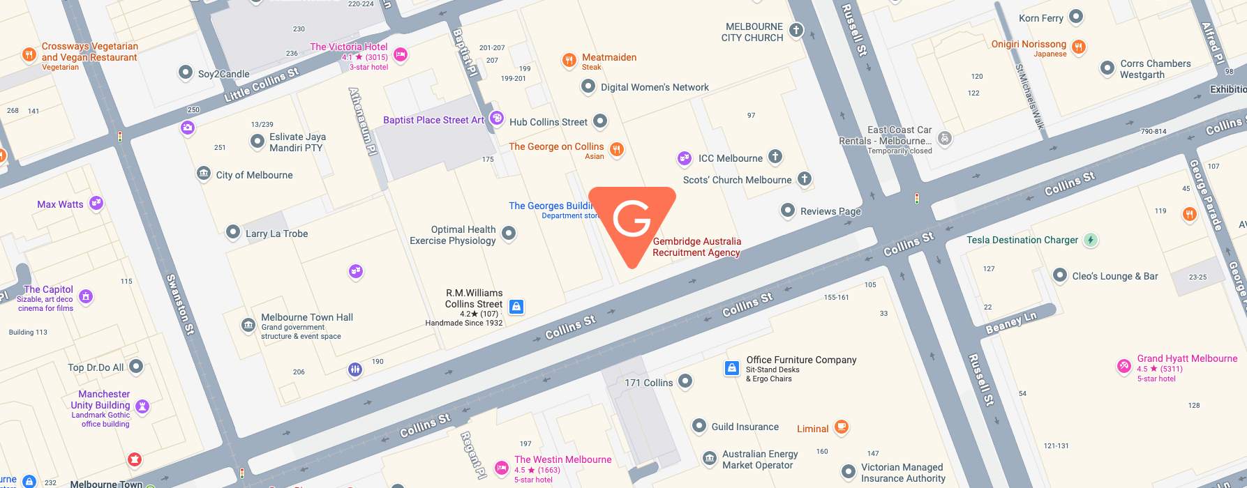 Map showing a section of Melbourne, with a prominent orange location marker using the Gembridge rounded triangle on Collins St