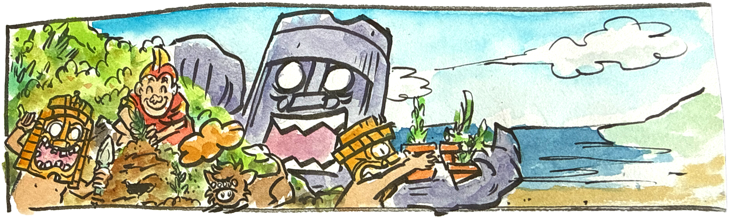 Guava Town Watercolor illustration of cartoon characters, happy in the mountains maintaining the Ahapua'a, on a sandy beach with the ocean, rocks, green bushes, and a partly cloudy sky in the background.