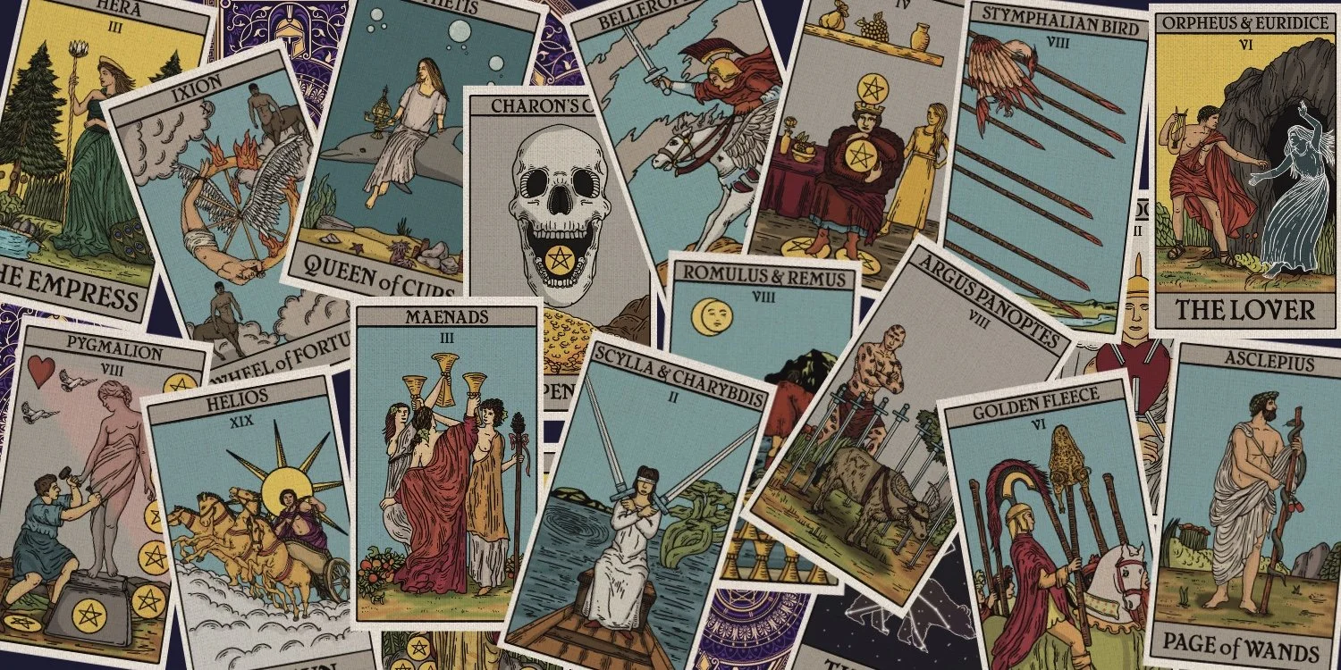 A large collection of Tarot cards, including The Empress, Queen of Cups, The Lovers, The Fool, The Wheel of Fortune, Justice, Death, and others, spread out in a scattered manner, displaying various images and symbols.