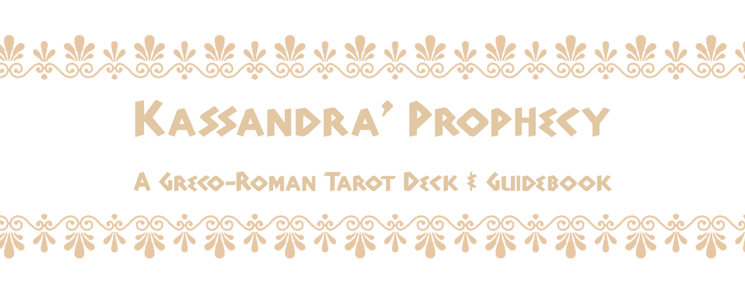 Cover page of the book titled "Kassandra's Prophecy: A Greco-Roman Tarot Deck & Guidebook" with decorative floral patterns on top and bottom.