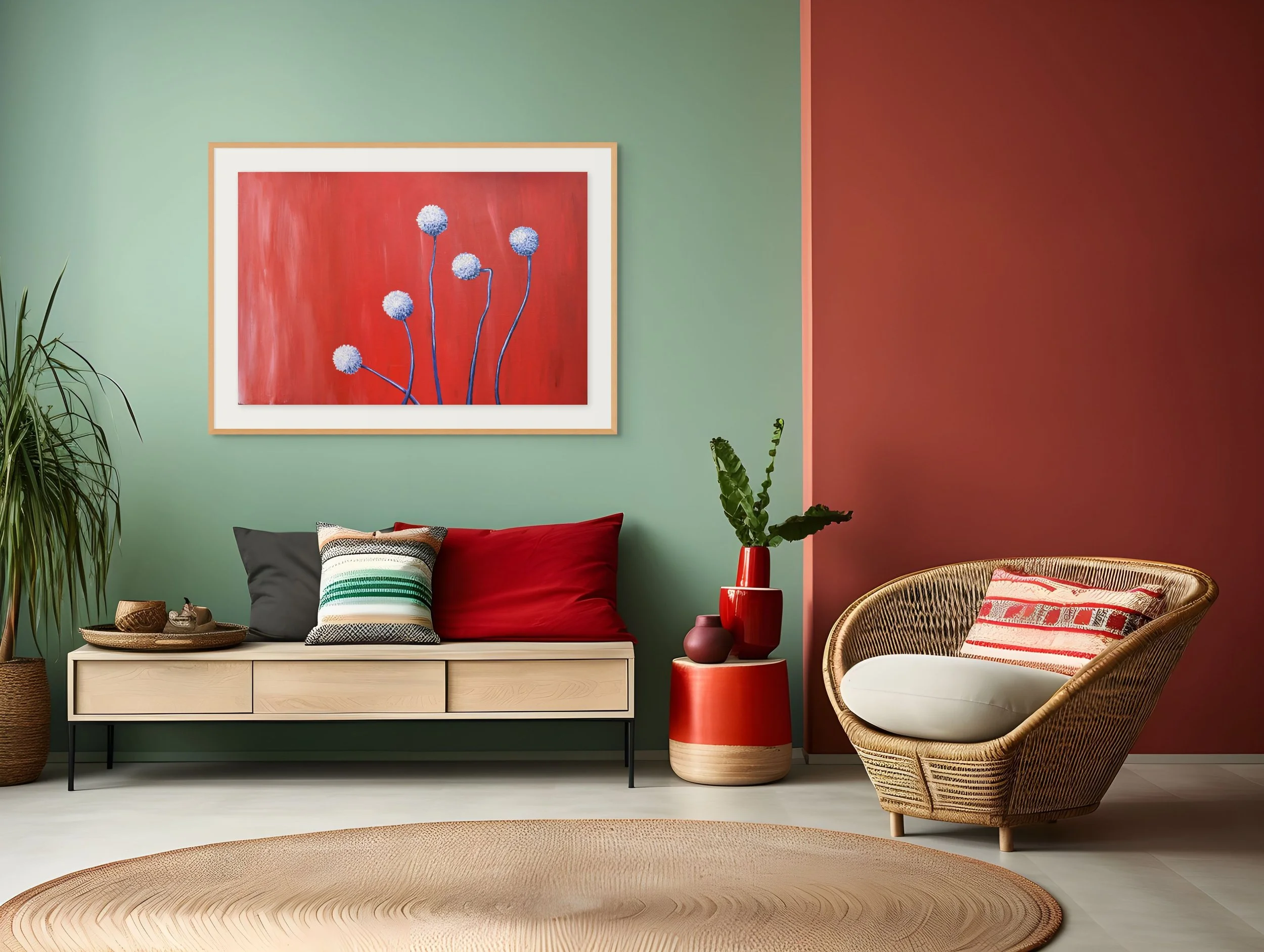 Modern living room with pastel green and red walls, a framed floral artwork, a low wooden bench with cushions, a tall green plant, a red side table with vases and a large plant, and a wicker chair with a patterned cushion, beige rug on light flooring.