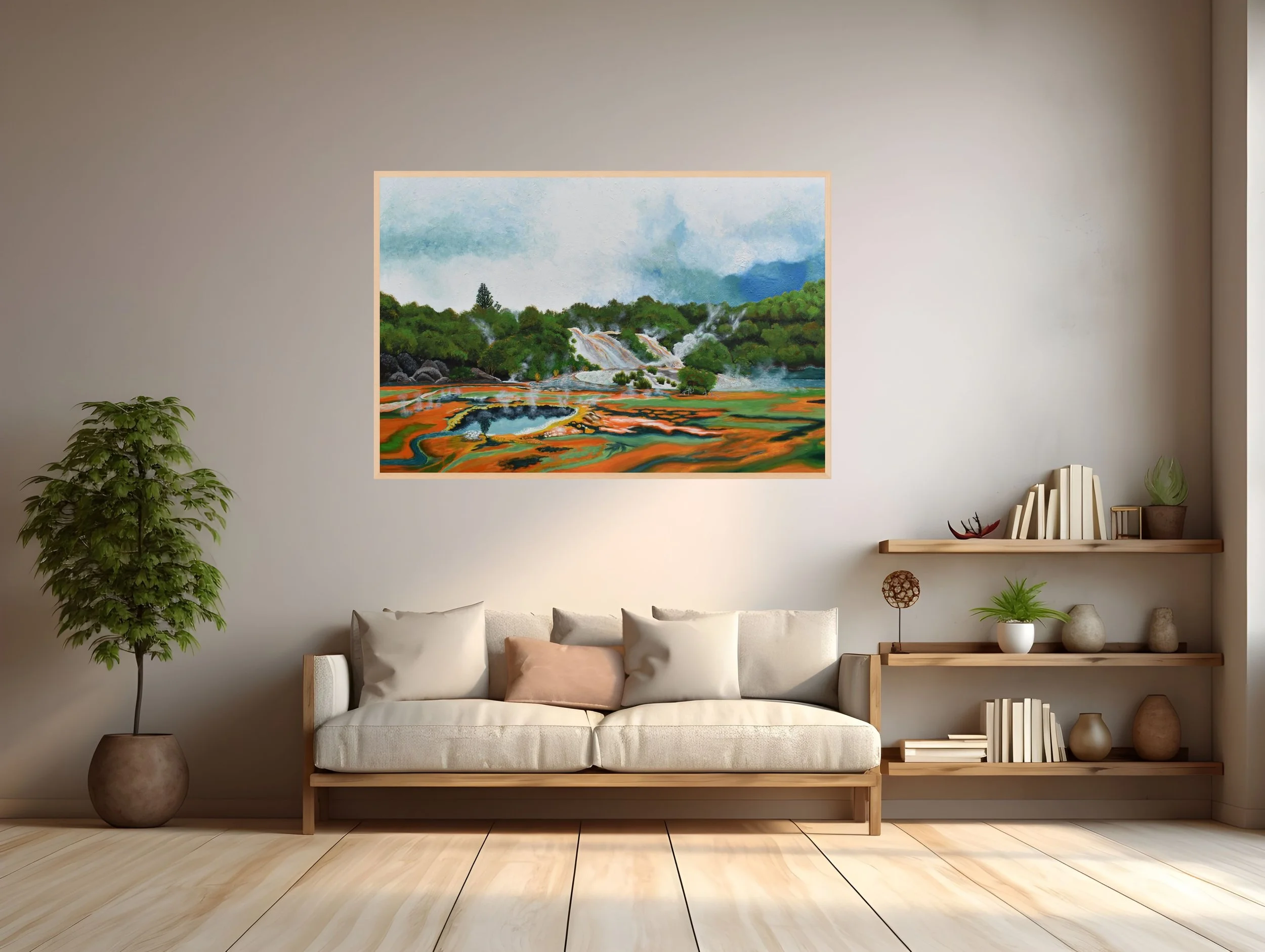 Living room with a white couch, a potted plant on the left, a wall-mounted bookshelf with books and decorative items on the right, and a colorful landscape painting on the wall above the couch.
