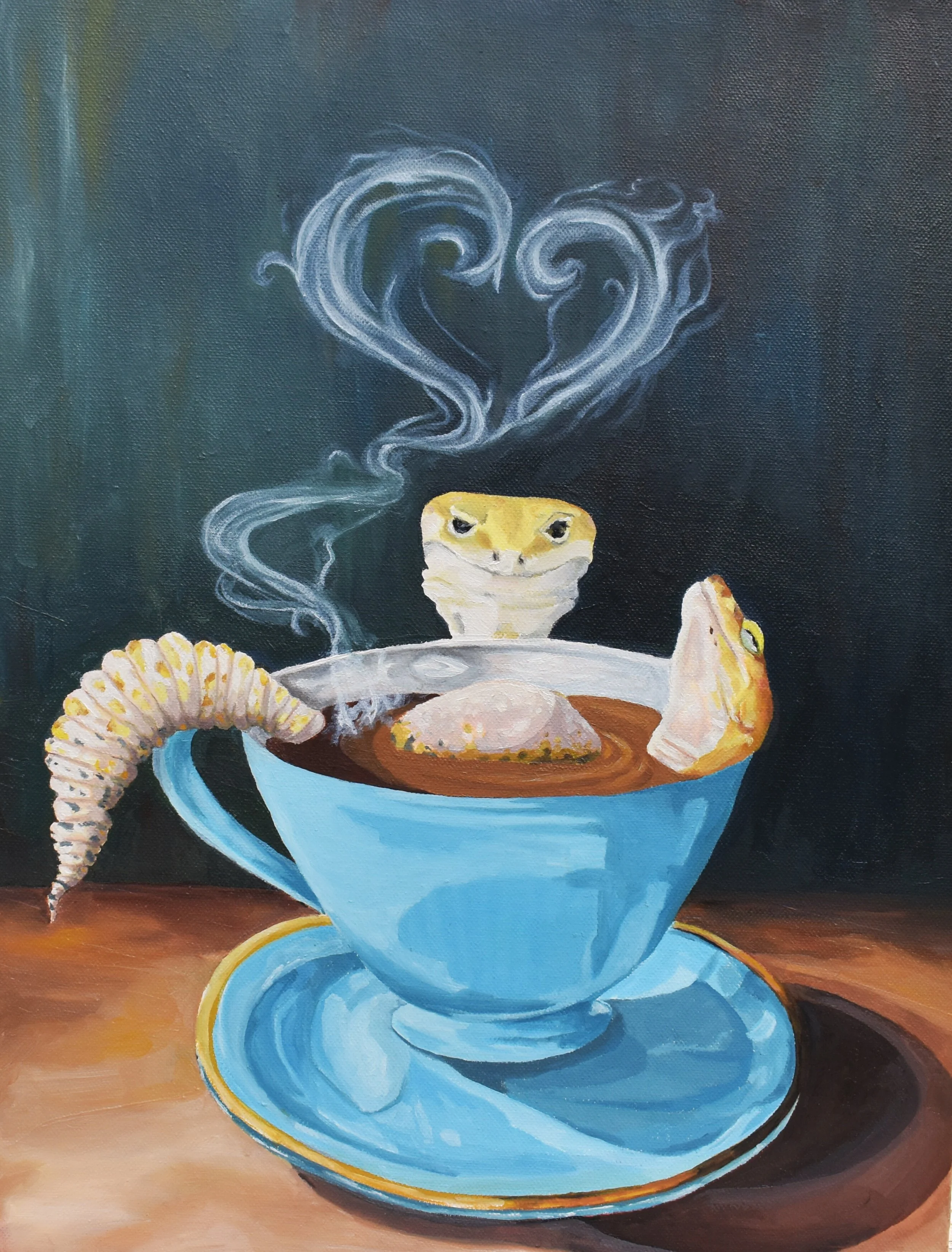 A painting of a cute gecko basking in a steaming cup of coffee with steam rising to form a heart, while another gecko enviously looks on