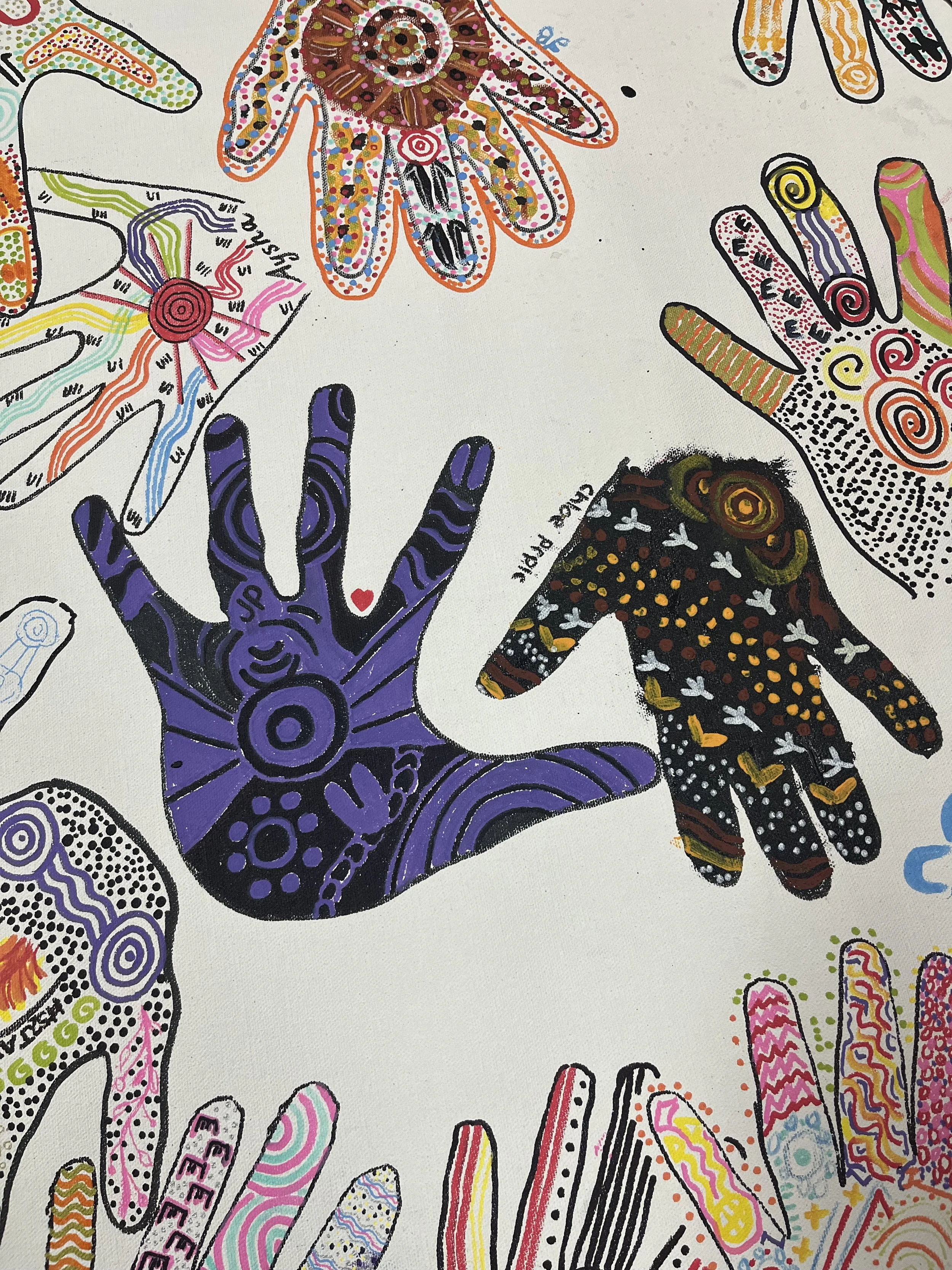 Colorful hand-drawn illustrations of hands with detailed patterns and designs, including dots, swirls, and zigzags, on a white background.