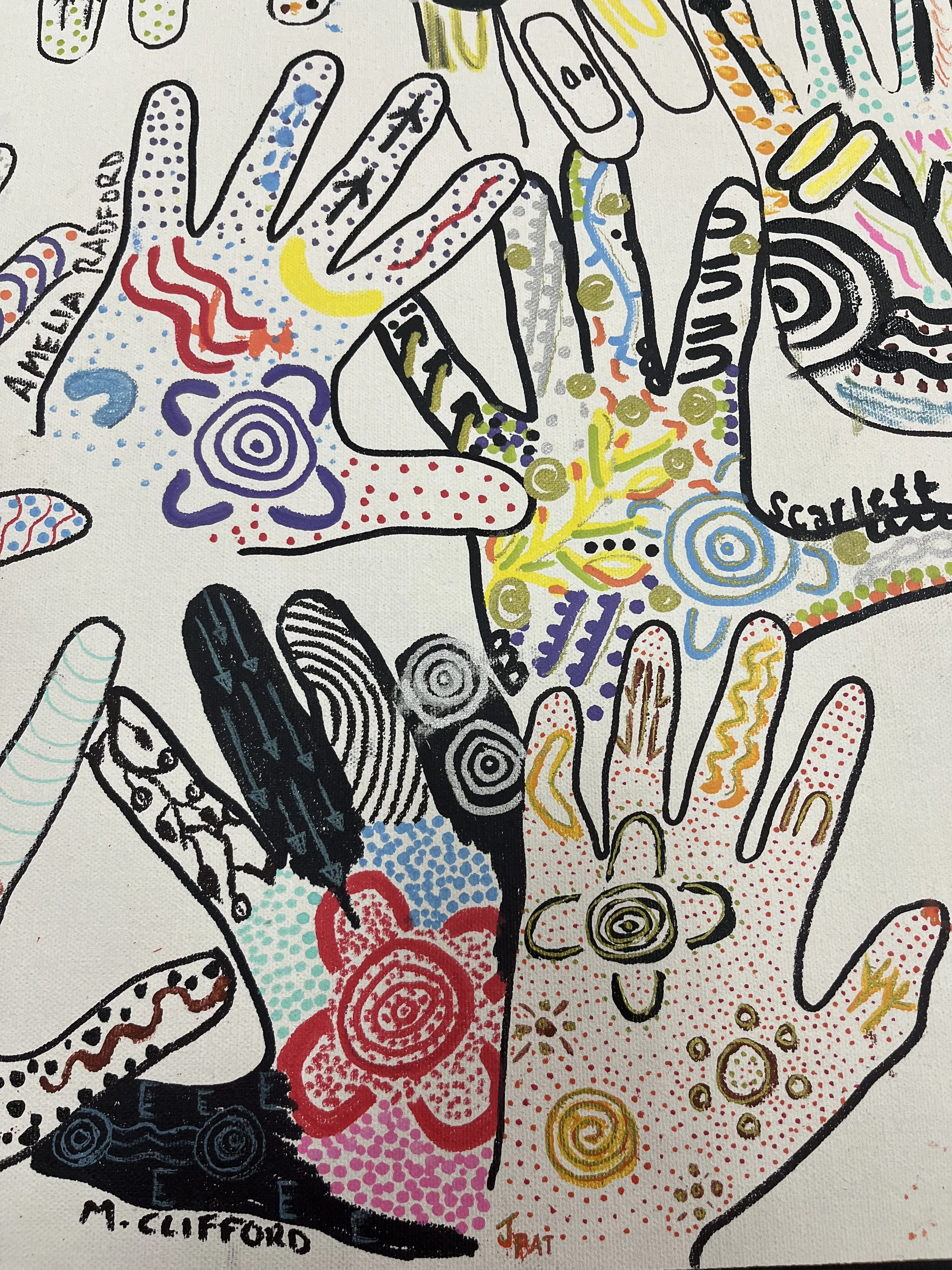 Colorful illustration of a hand with the names of famous authors written inside and around it, including M. Clifford and J. K. Rowling.