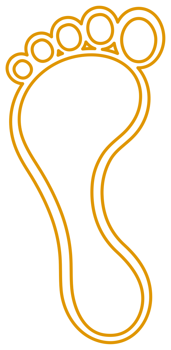 Outline drawing of a paw print with five toes and a pad in brown
