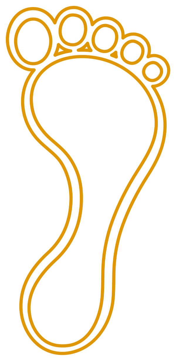 A simple line drawing of a human foot with five toes outlined in gold on a black background.
