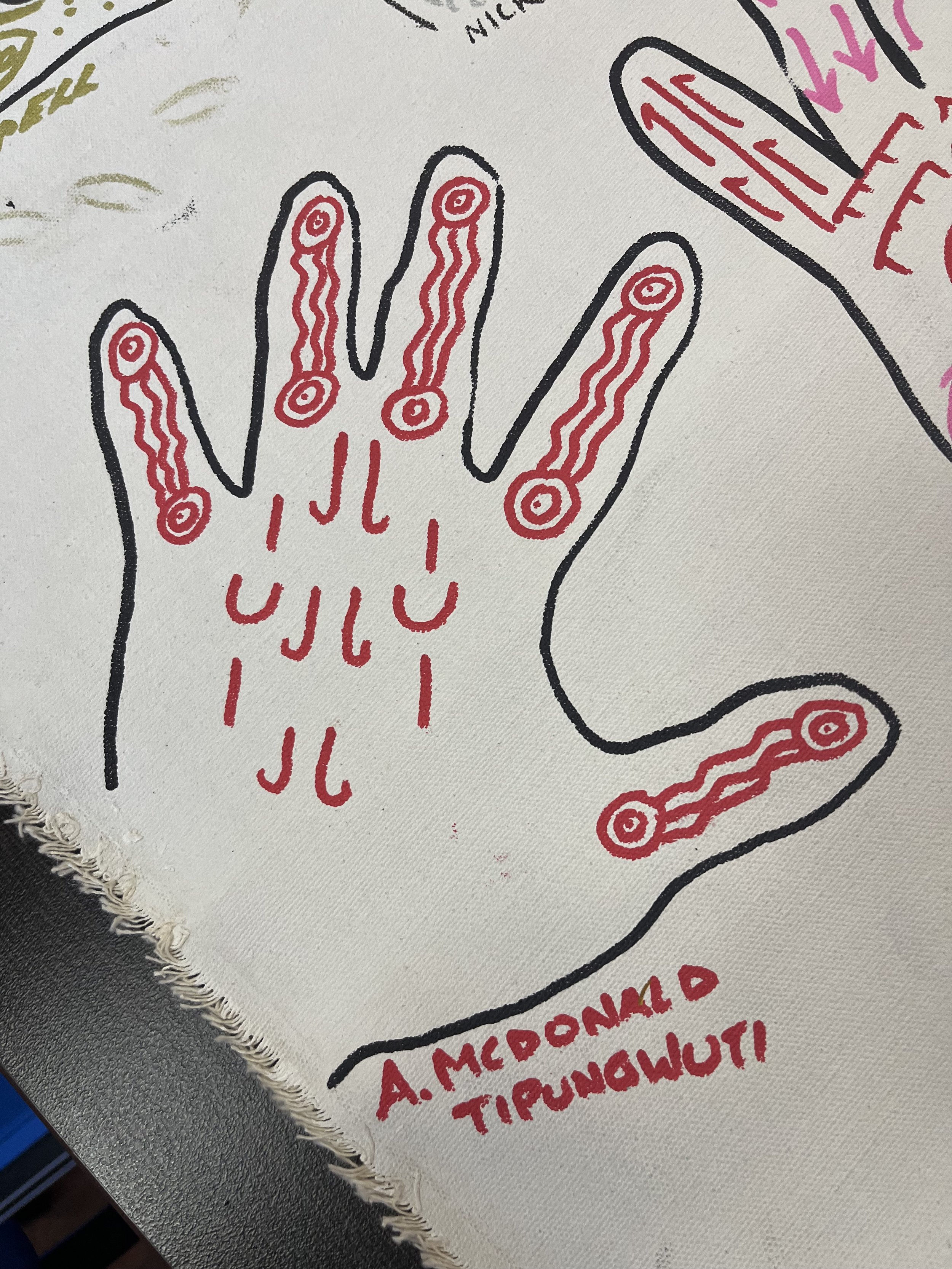 Illustration of a hand with red lines and circles on the fingers, resembling acupunctural points, on a cloth with handwritten text and doodles.