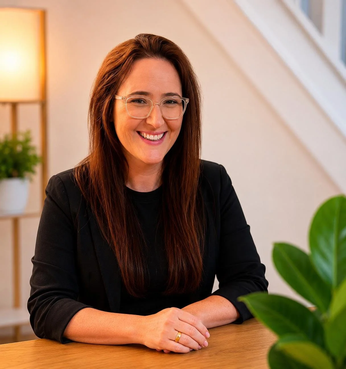 A woman with long brown hair, glasses, and a black blazer, smiling while seated at a wooden table in a well-lit indoor space with a lamp, green plants, and an angled staircase in the background.