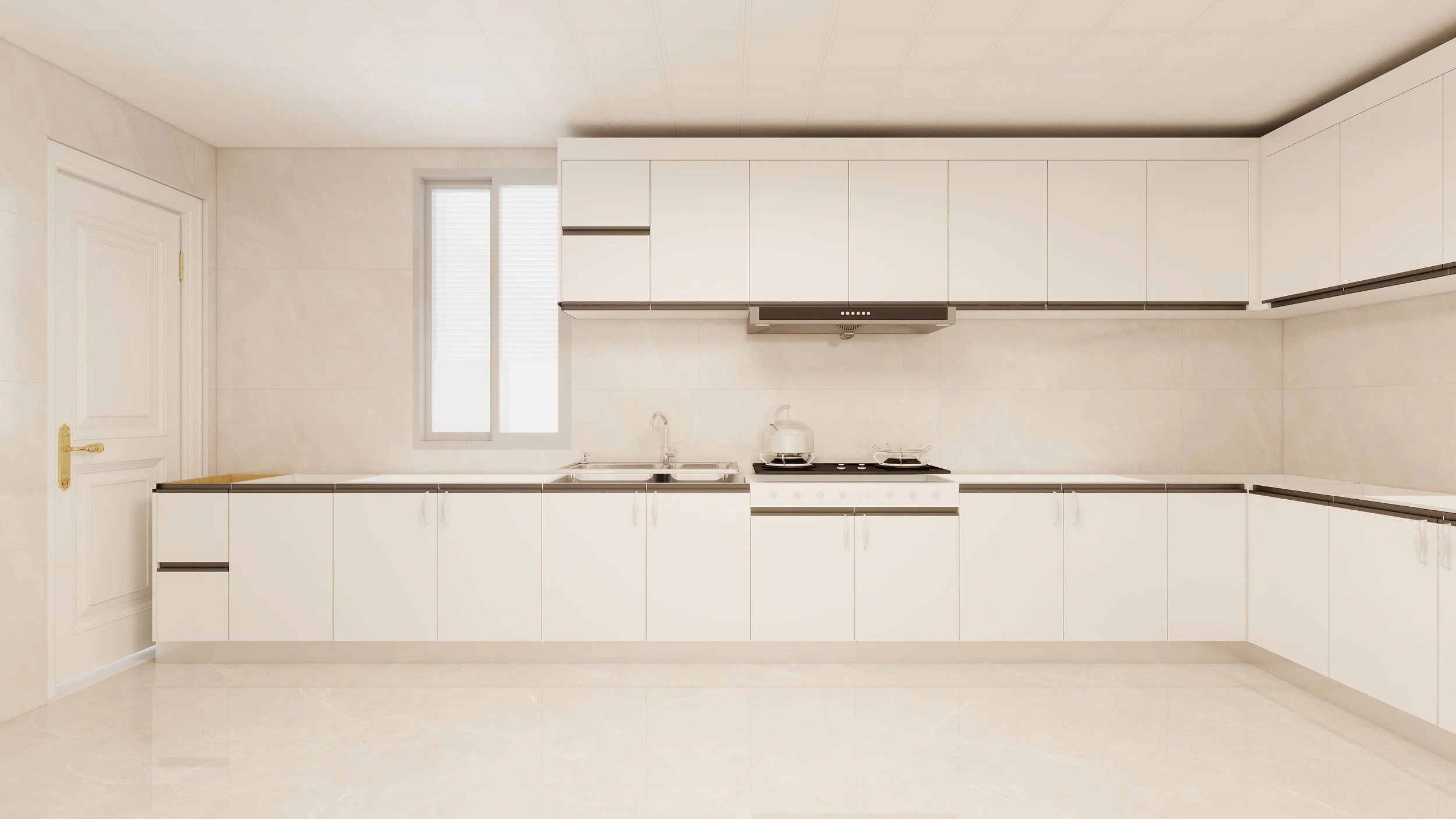 A minimalist white kitchen with upper cabinets, lower cabinets, a window, and a door on the left. There is a sink under the window, a stovetop with two burners, and an exhaust hood above. The overall design is clean and modern.