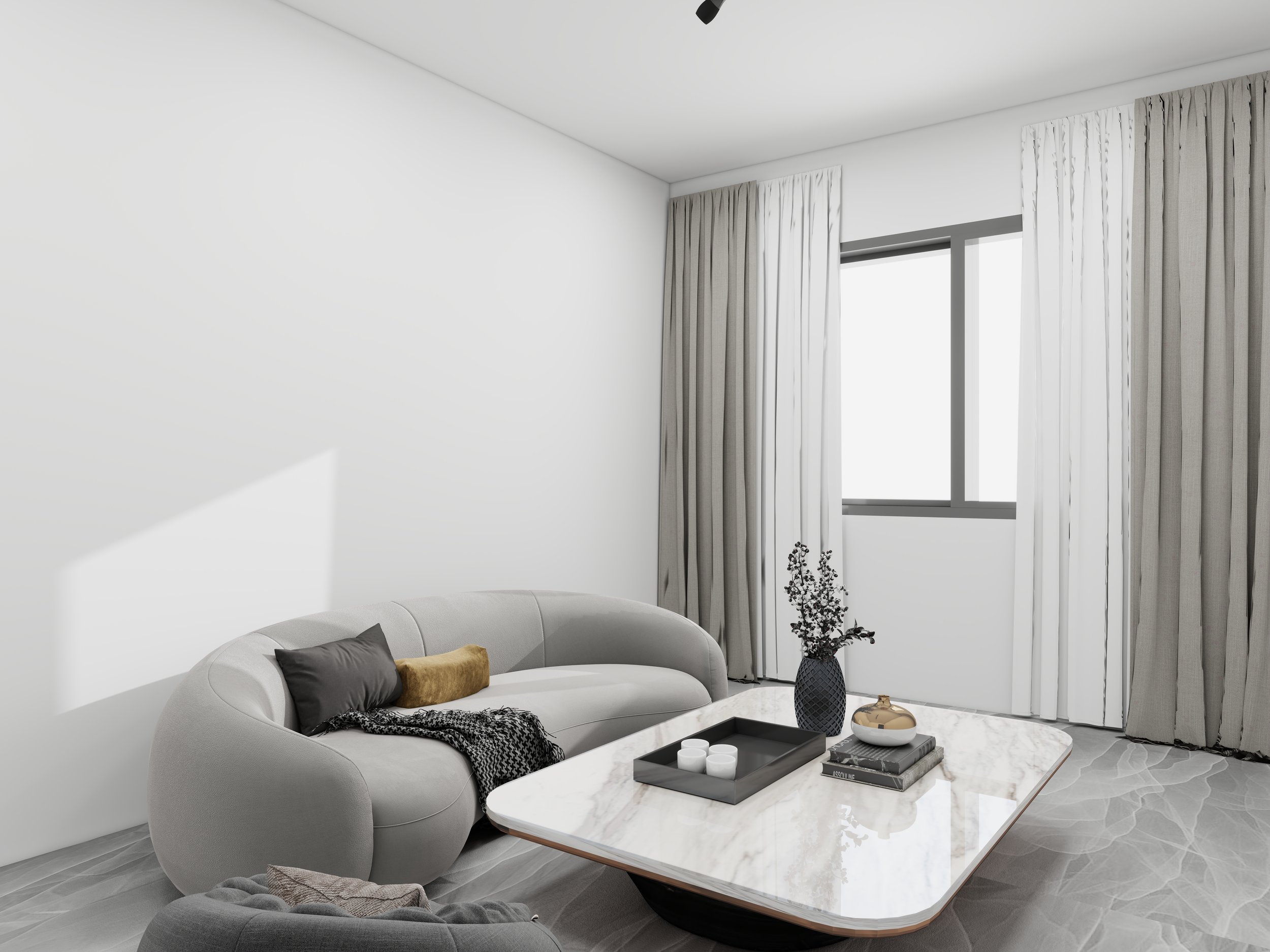 Living room with white walls, beige curtains, a light gray sofa with black and mustard pillows, a white marble coffee table with books and decorative items, and a large window with natural light.