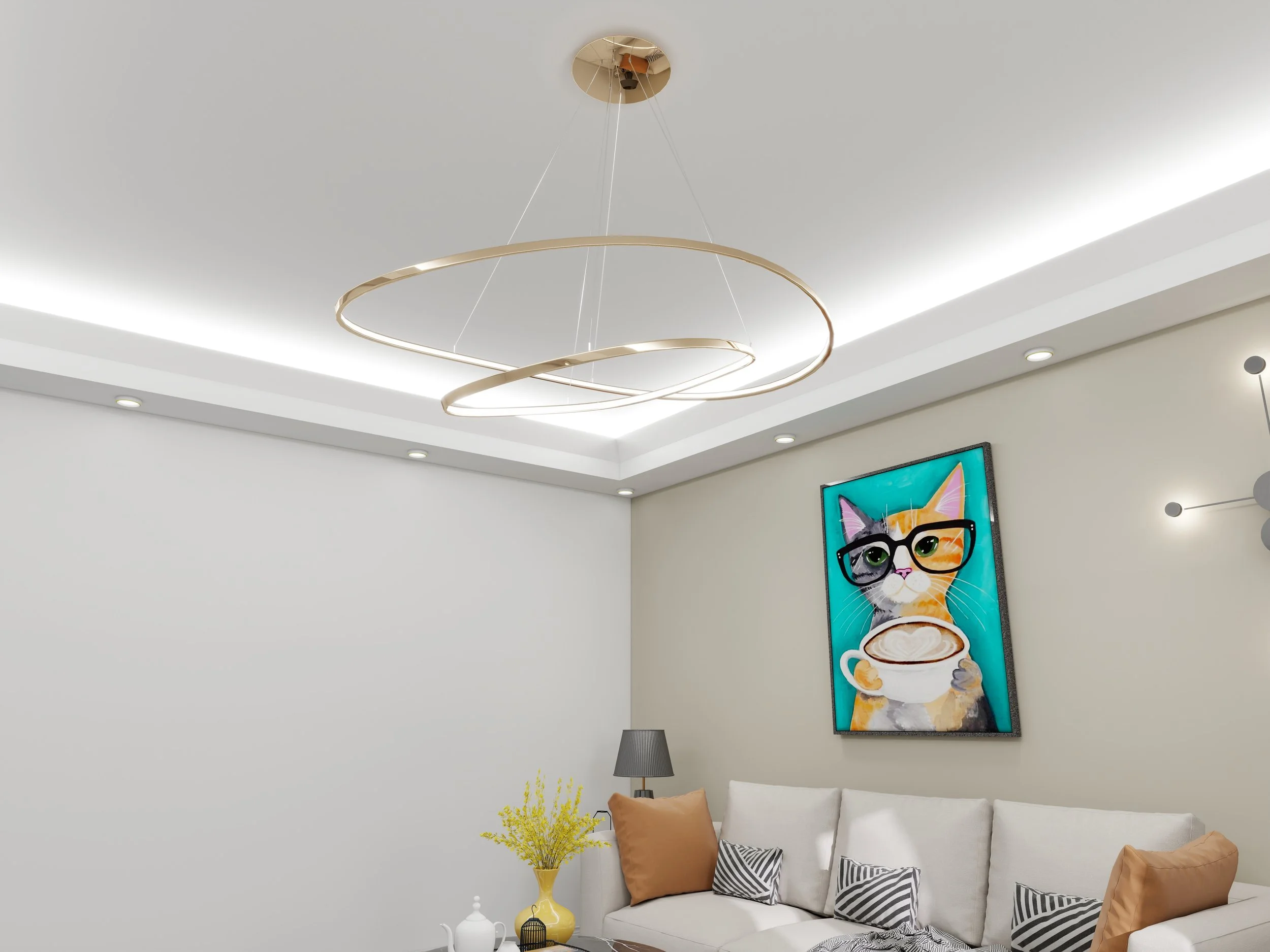 Living room wall with modern circular LED chandelier, colorful cat artwork with glasses and coffee mug, white sofa with brown and striped pillows, yellow flower vase, and table teapot.