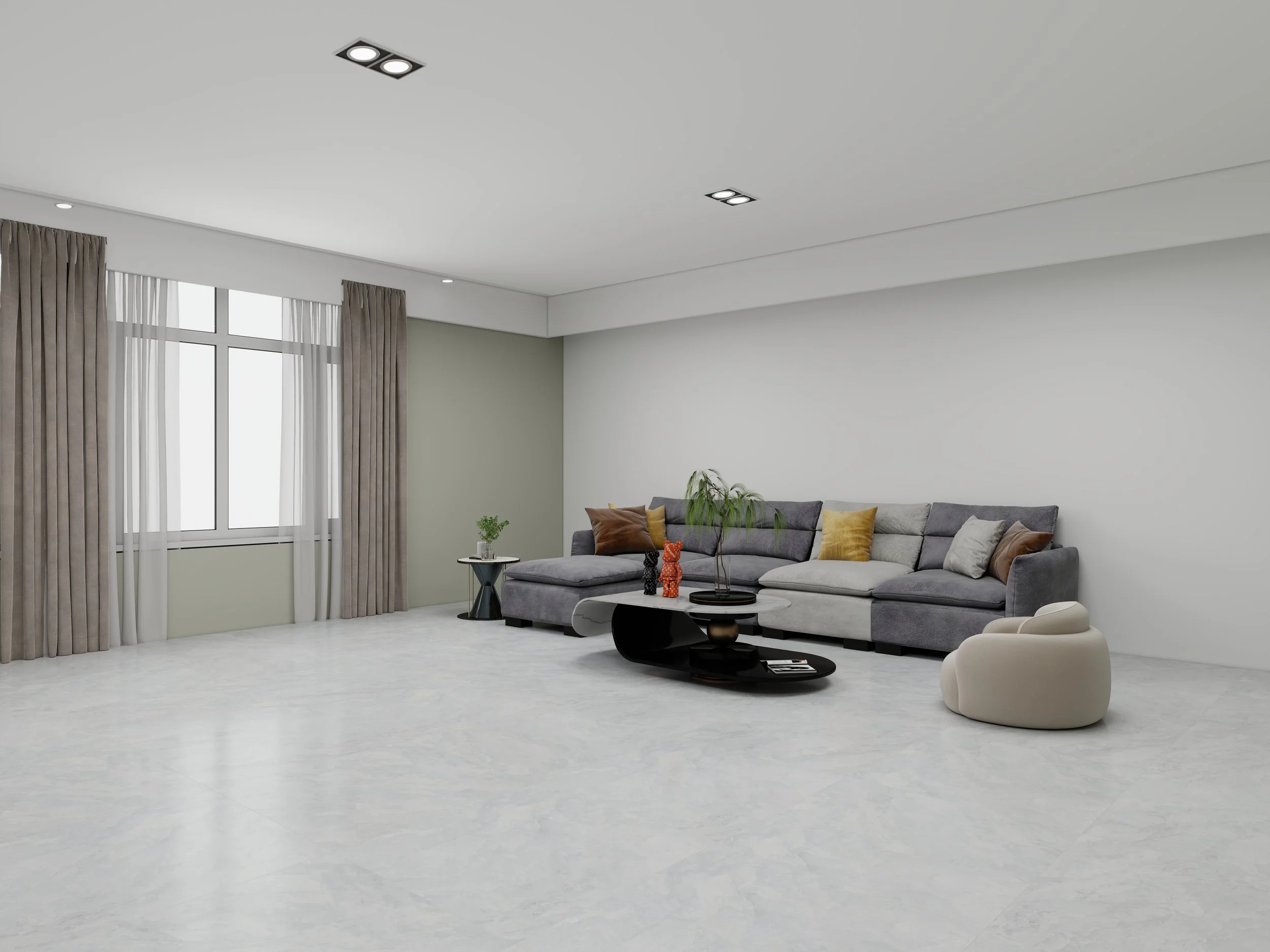 Modern living room with large window, beige curtains, gray sectional sofa with yellow and brown pillows, white coffee table, ornate white armchair, small side table with plant, ceiling lights.