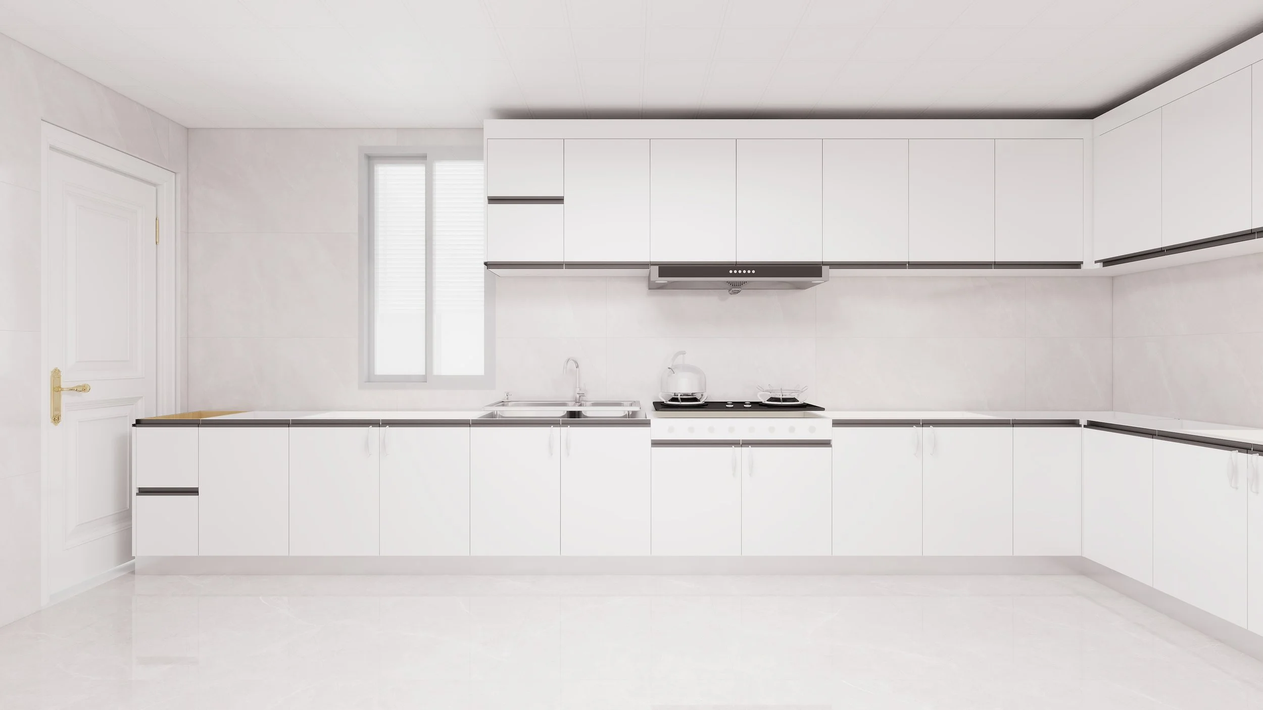 White modern kitchen with upper and lower cabinets, a window, a stove with two burners, a sink, and minimal decor.