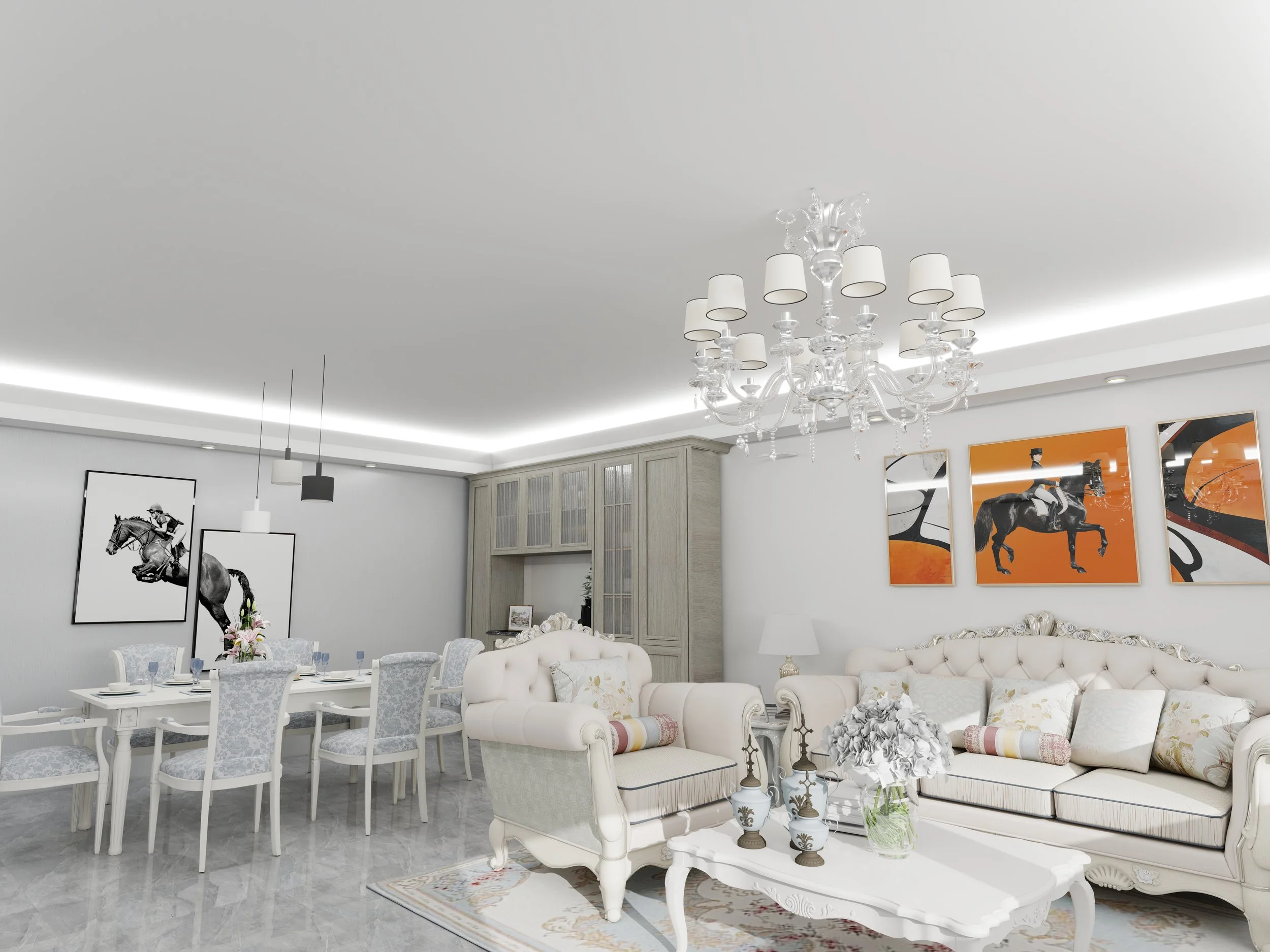 Elegant living room with a white chandelier, white sofas, patterned chairs, framed horse artwork, and a dining area with a white table set for a meal.