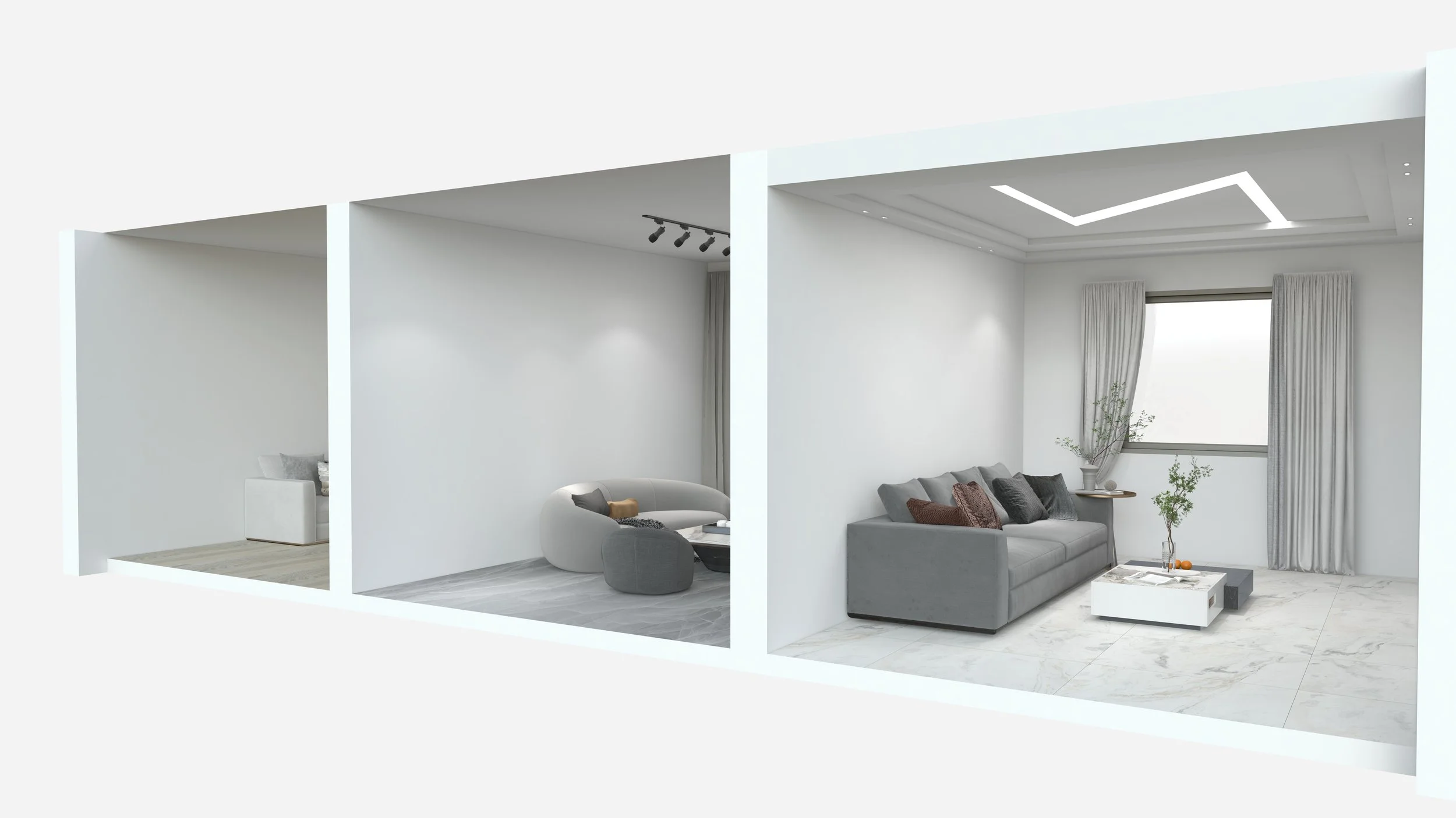 Modern living room with white walls, gray sofa with pillows, coffee table, large window with curtains, potted plants, and marble flooring.