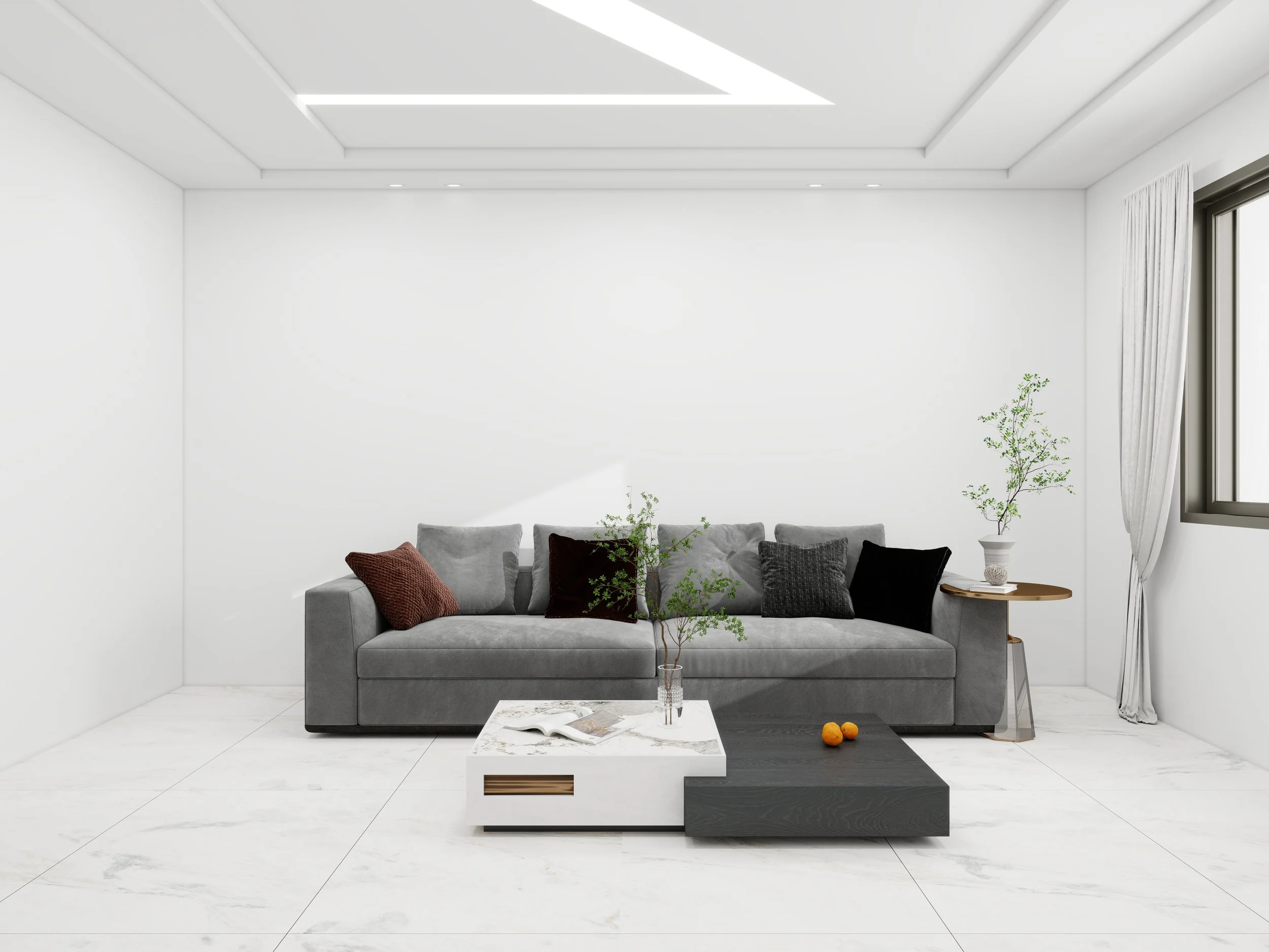 A modern living room with white walls, a gray sofa with decorative pillows, a white and black coffee table, a small side table with a potted plant, and a large window with white curtains. There is a ceiling with recessed lighting and a skylight.