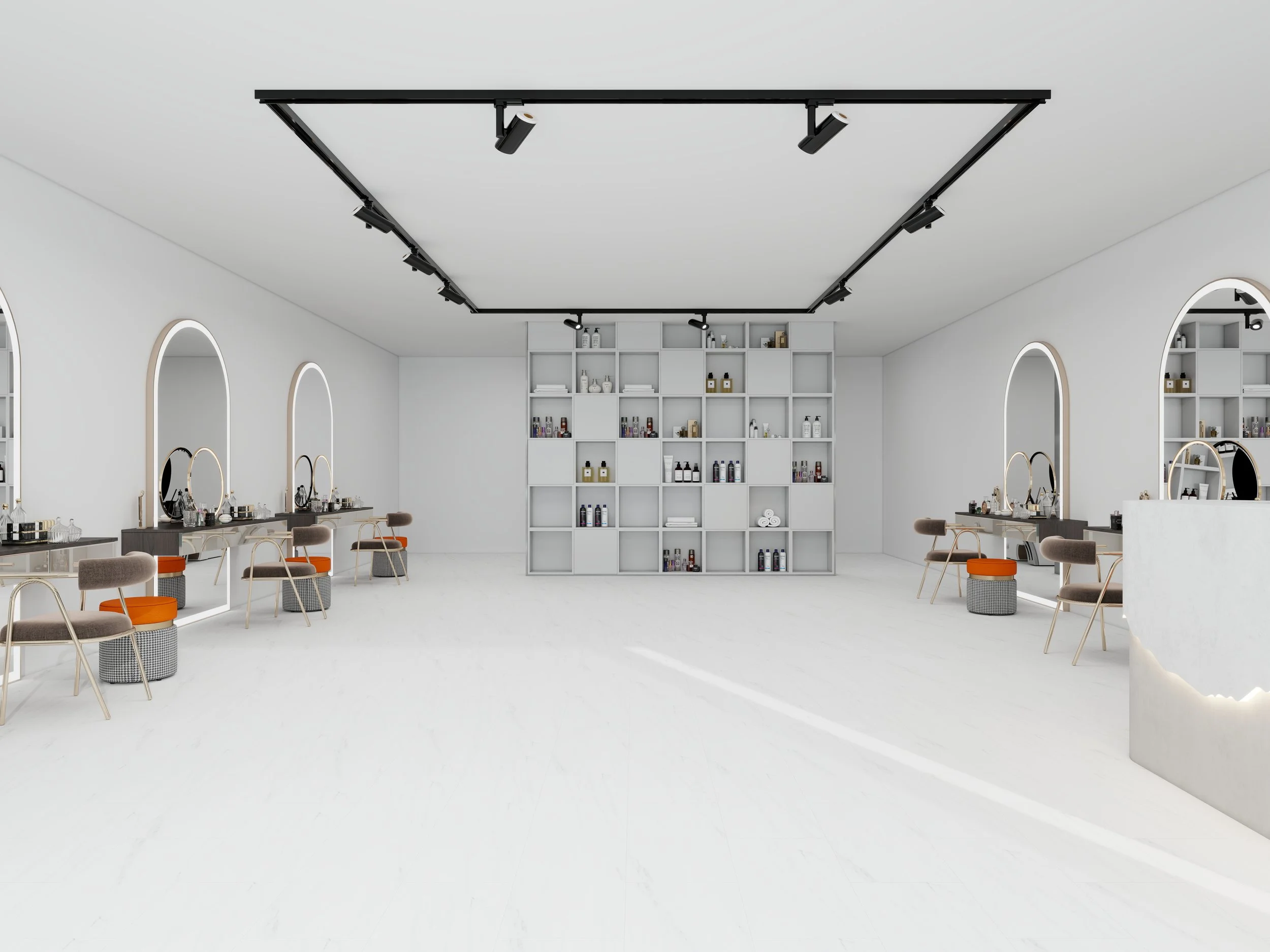 A modern, minimalist salon interior with white walls, arched mirrors, and makeup stations with chairs. Ceiling-mounted black track lighting and open shelving with beauty products.
