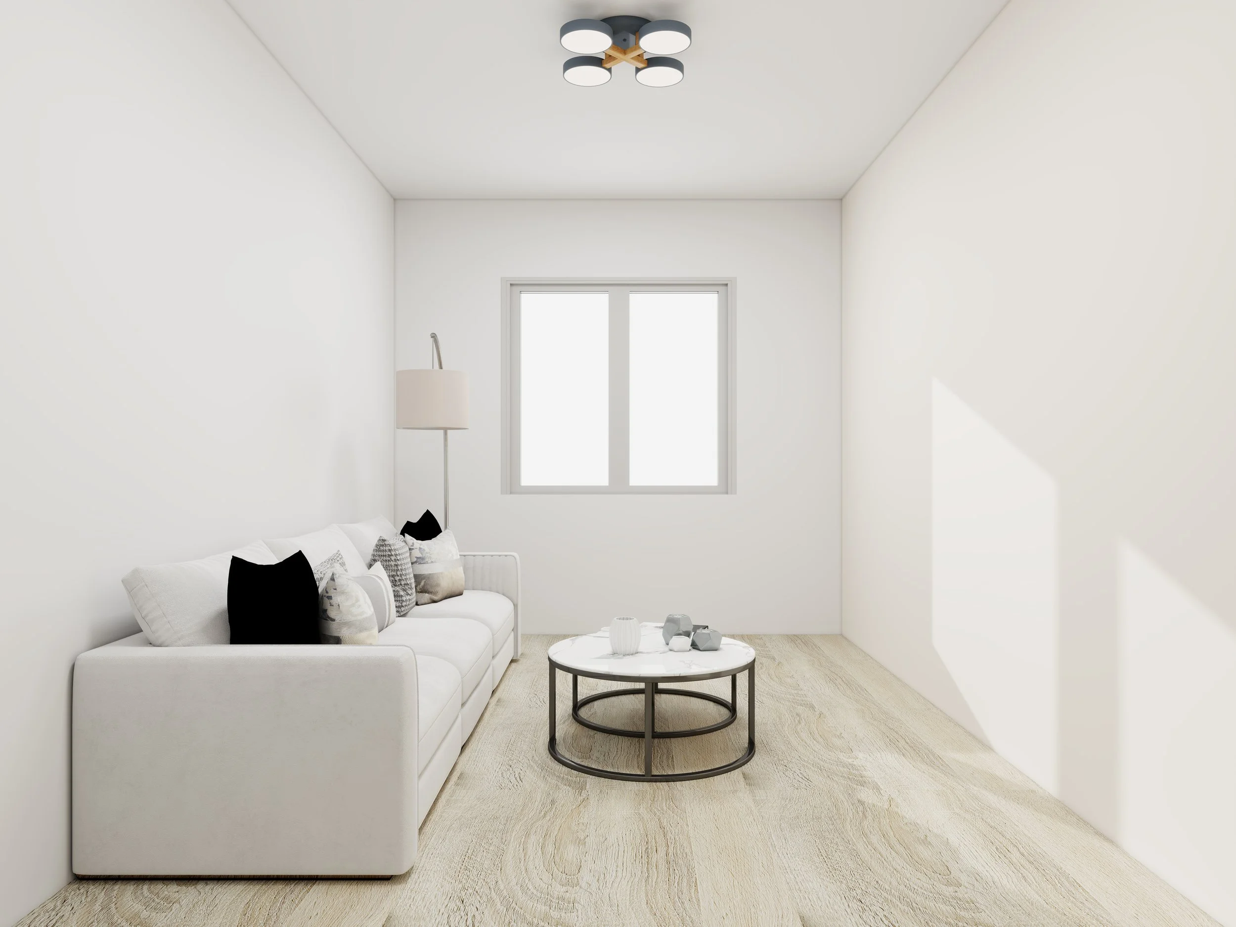 Minimalist living room with white sofa, black and white throw pillows, round marble coffee table, floor lamp, window on white wall, and modern black ceiling light fixture.