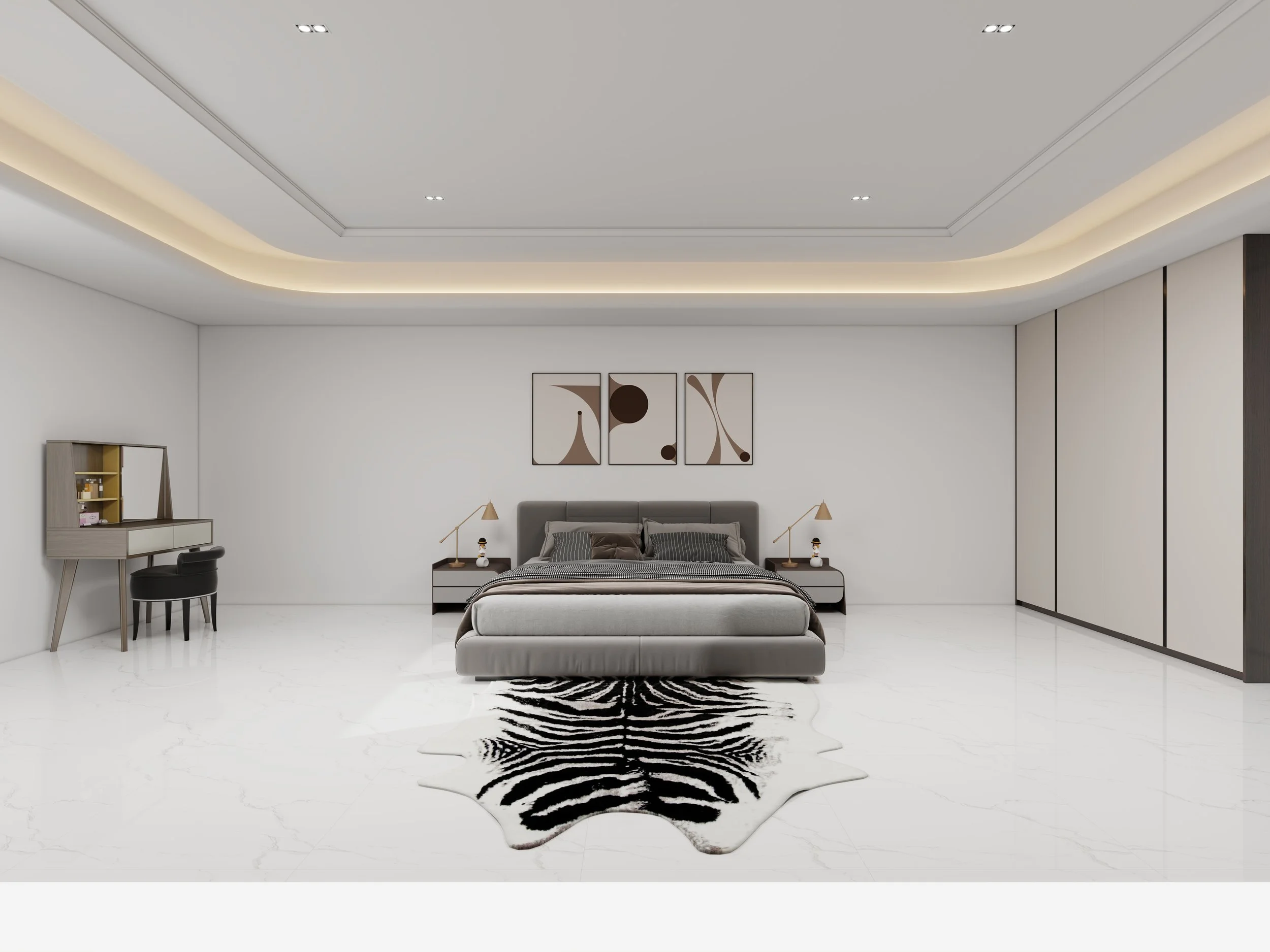 A modern bedroom with a bed, black and white zebra print rug, and minimalist decor. The ceiling has a recessed lighting feature, and there are abstract art pieces above the bed.