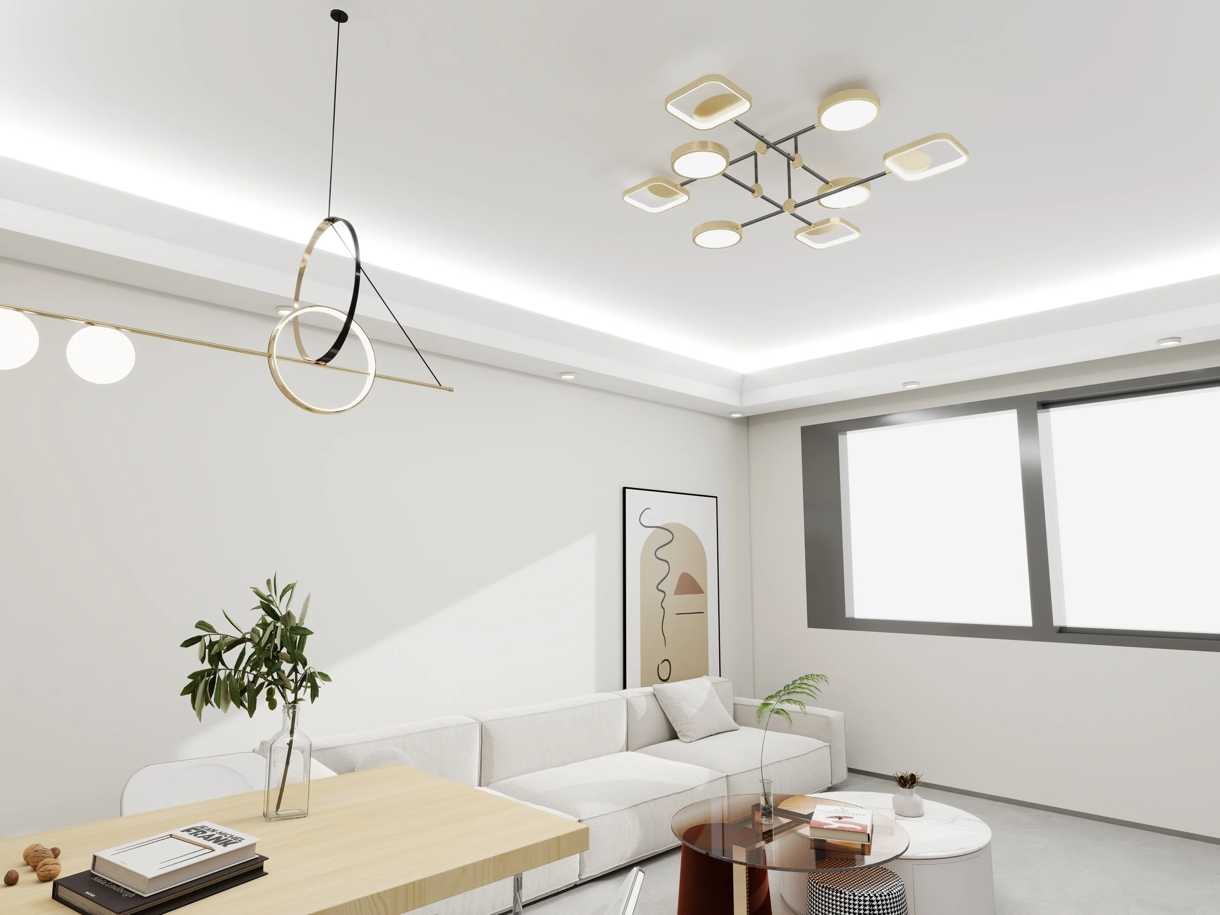 Modern interior living room with white sofa, abstract artwork, plants, coffee table, and contemporary ceiling lights.