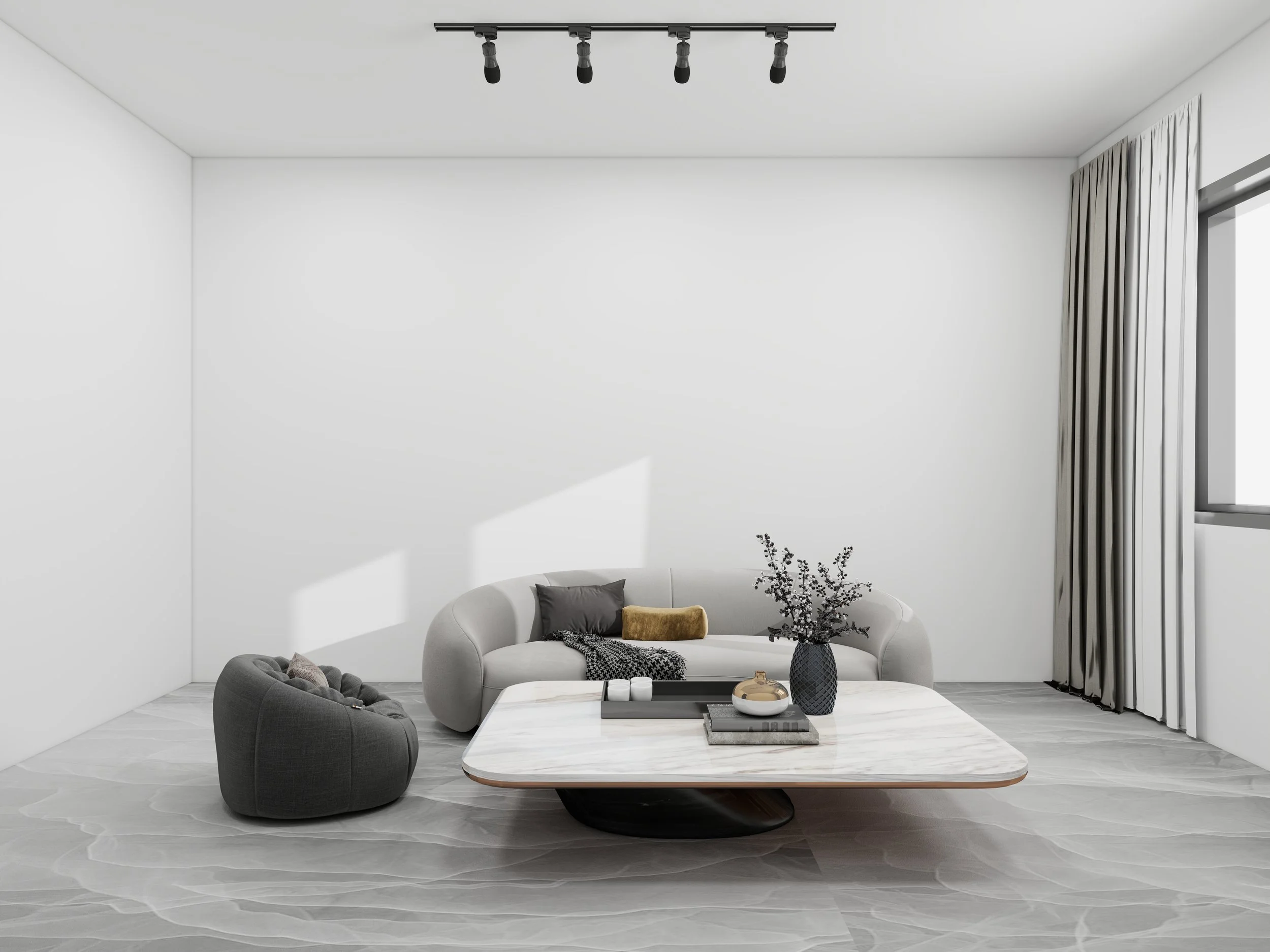 Modern living room with white walls, a round gray armchair, a white sofa with pillows, and a marble coffee table decorated with books and vases. There are curtains on the window and a ceiling-mounted track with four lights.