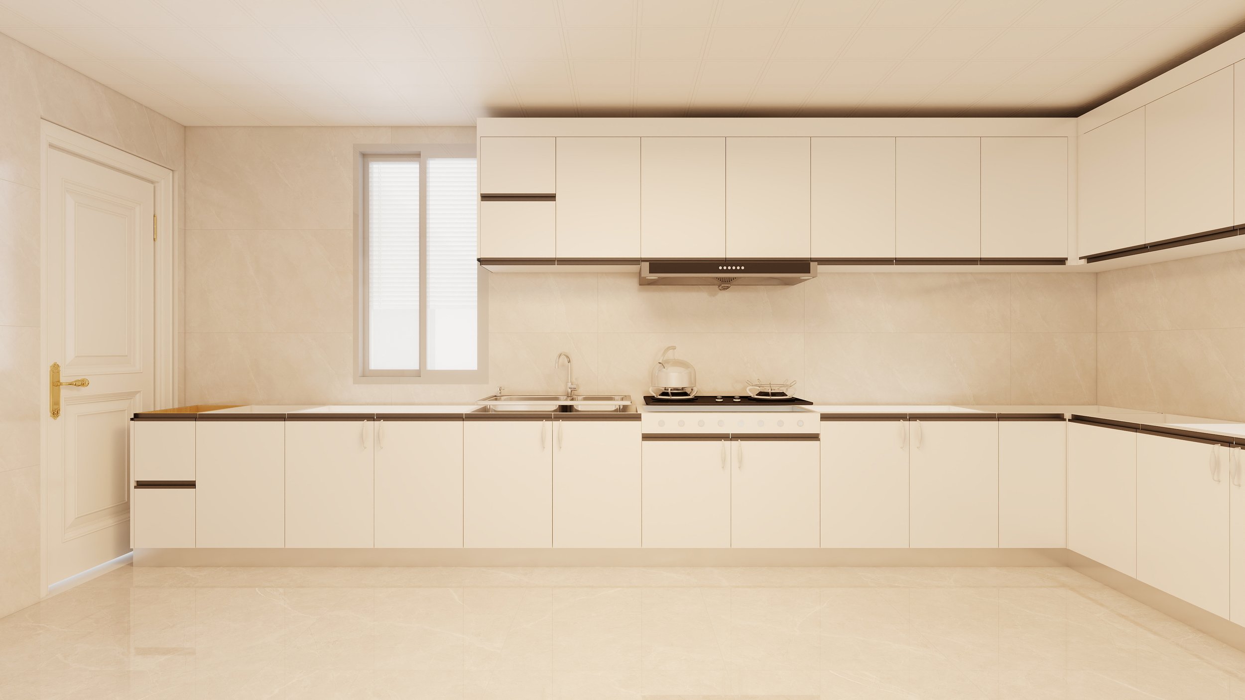 A minimalist kitchen with white cabinets, a window, a stove with two burners, a kettle, and a sink.